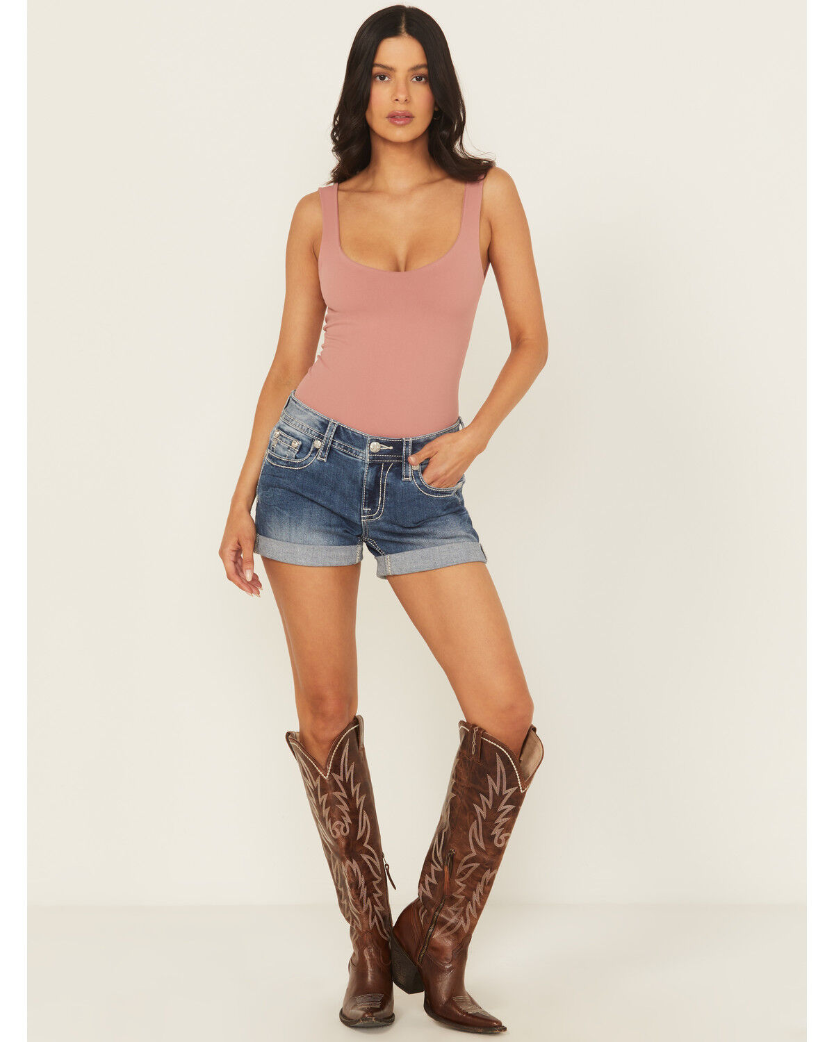 Miss Me Women's Medium Wash Mid Rise Rolled Hem Denim Shorts