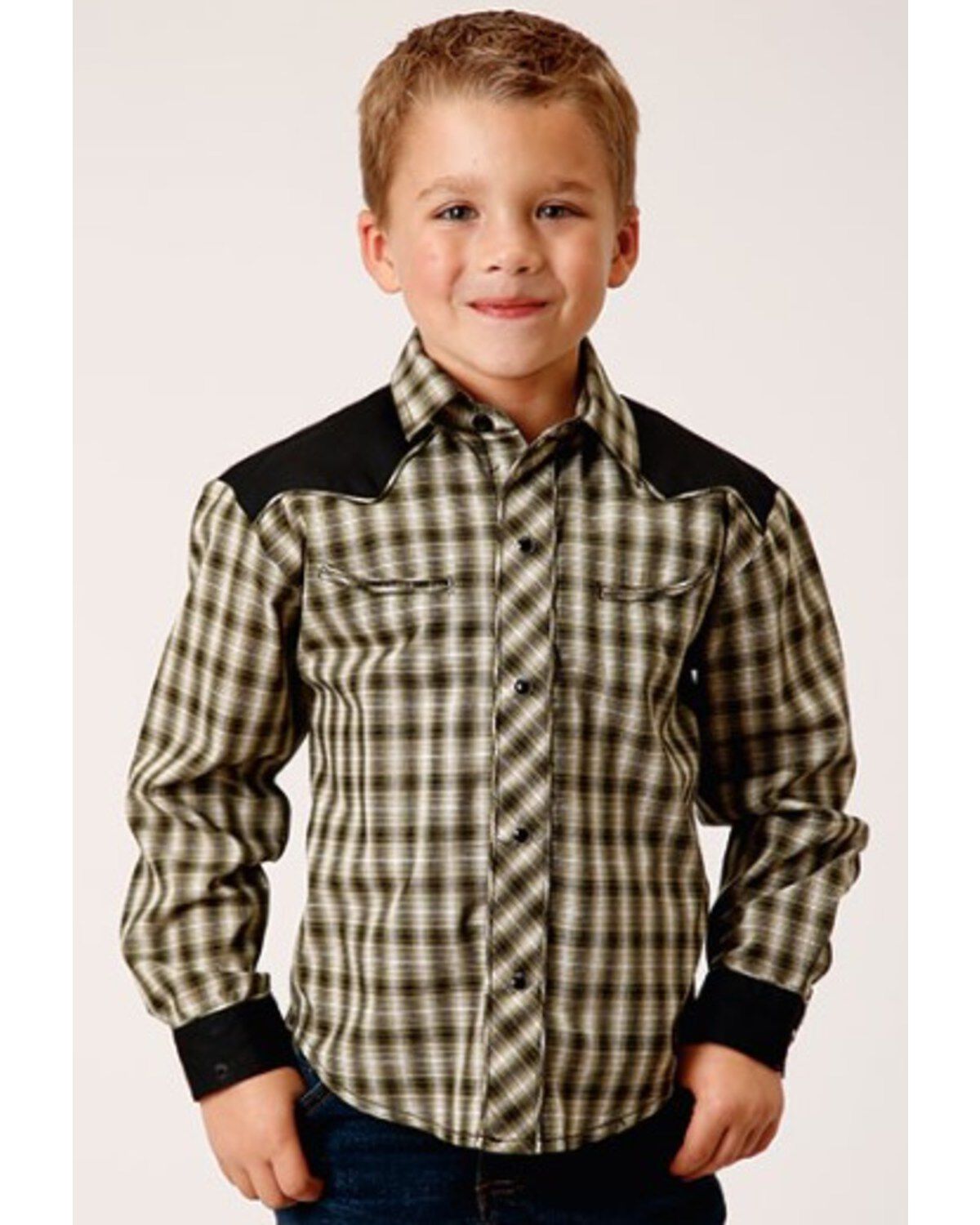 Roper Boys' Plaid Print Long Sleeve Snap Western Shirt