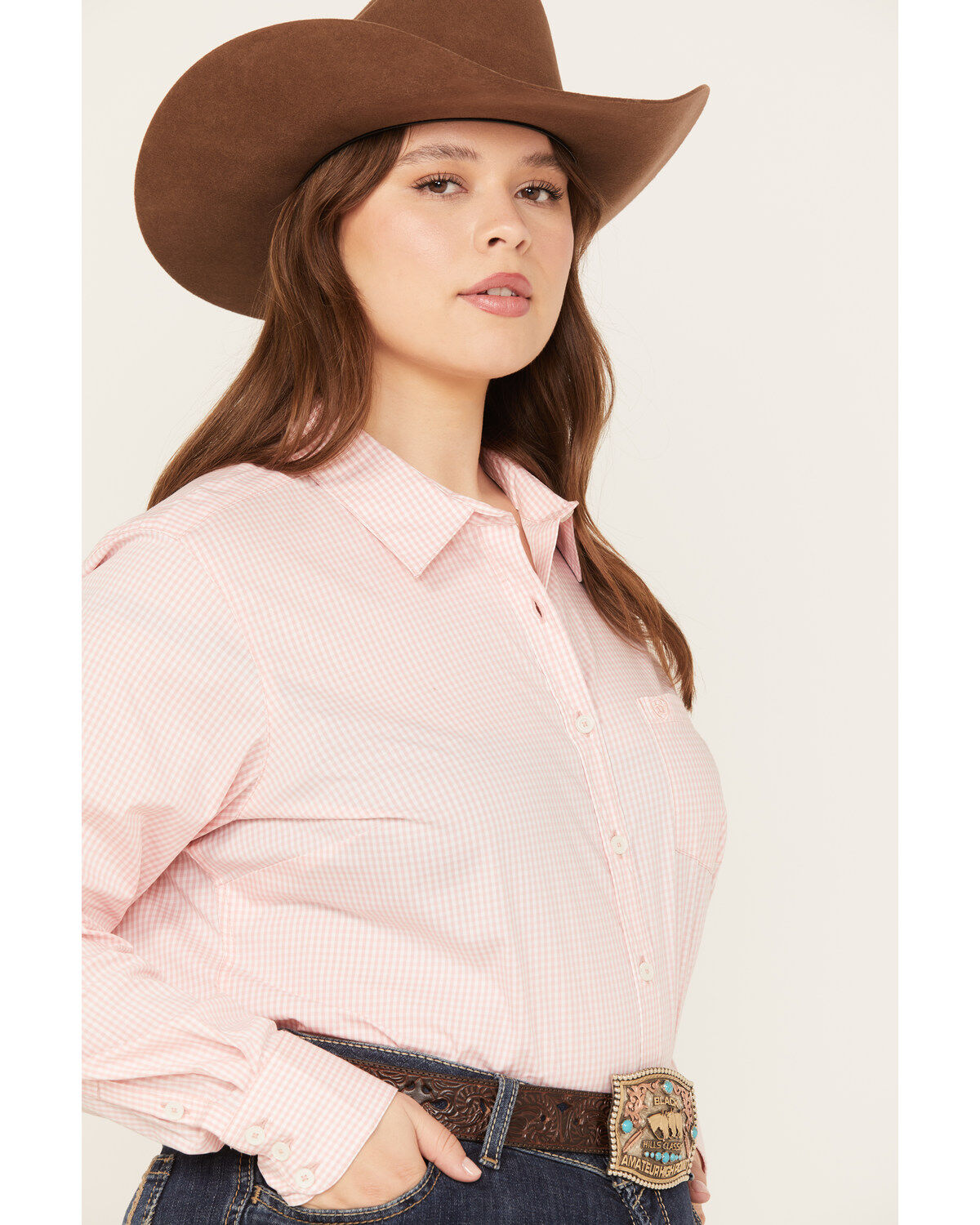 Ariat Women's Rose Gingham Print Long Sleeve Button Down Kirby Stretch Shirt - Plus