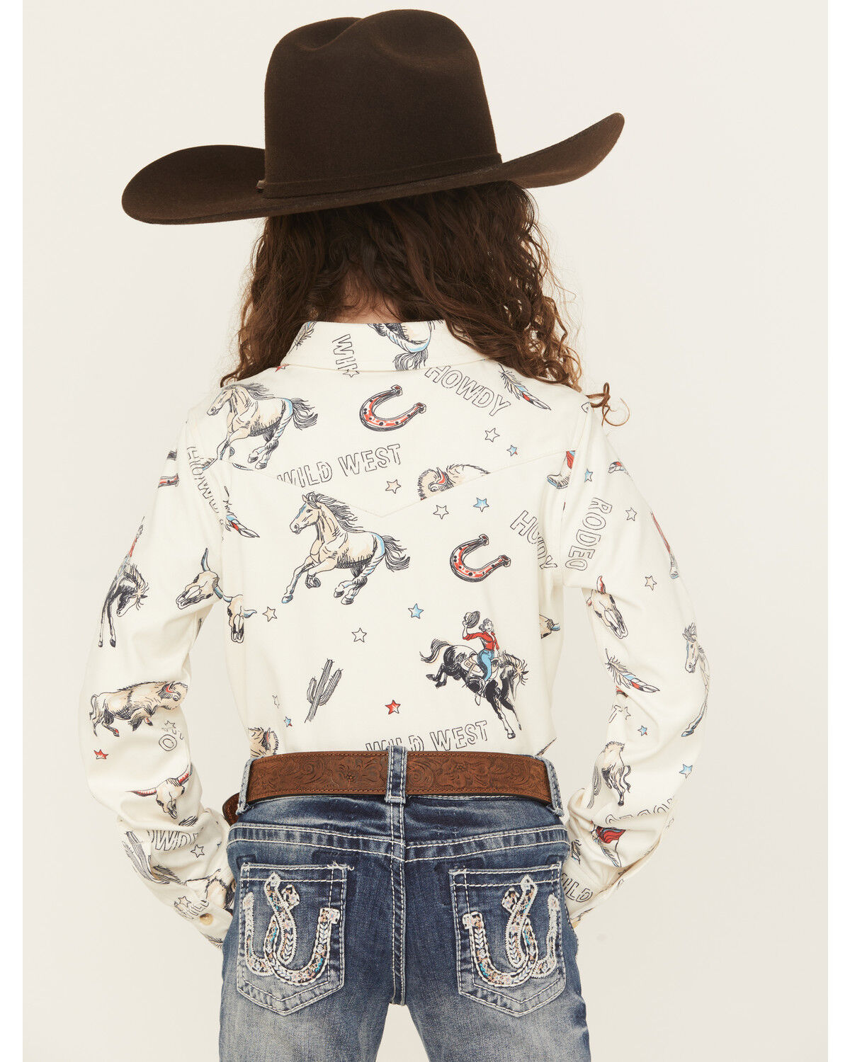 Shyanne Girls' Conversation Print Long Sleeve Button-Down Faux Suede Western Shirt