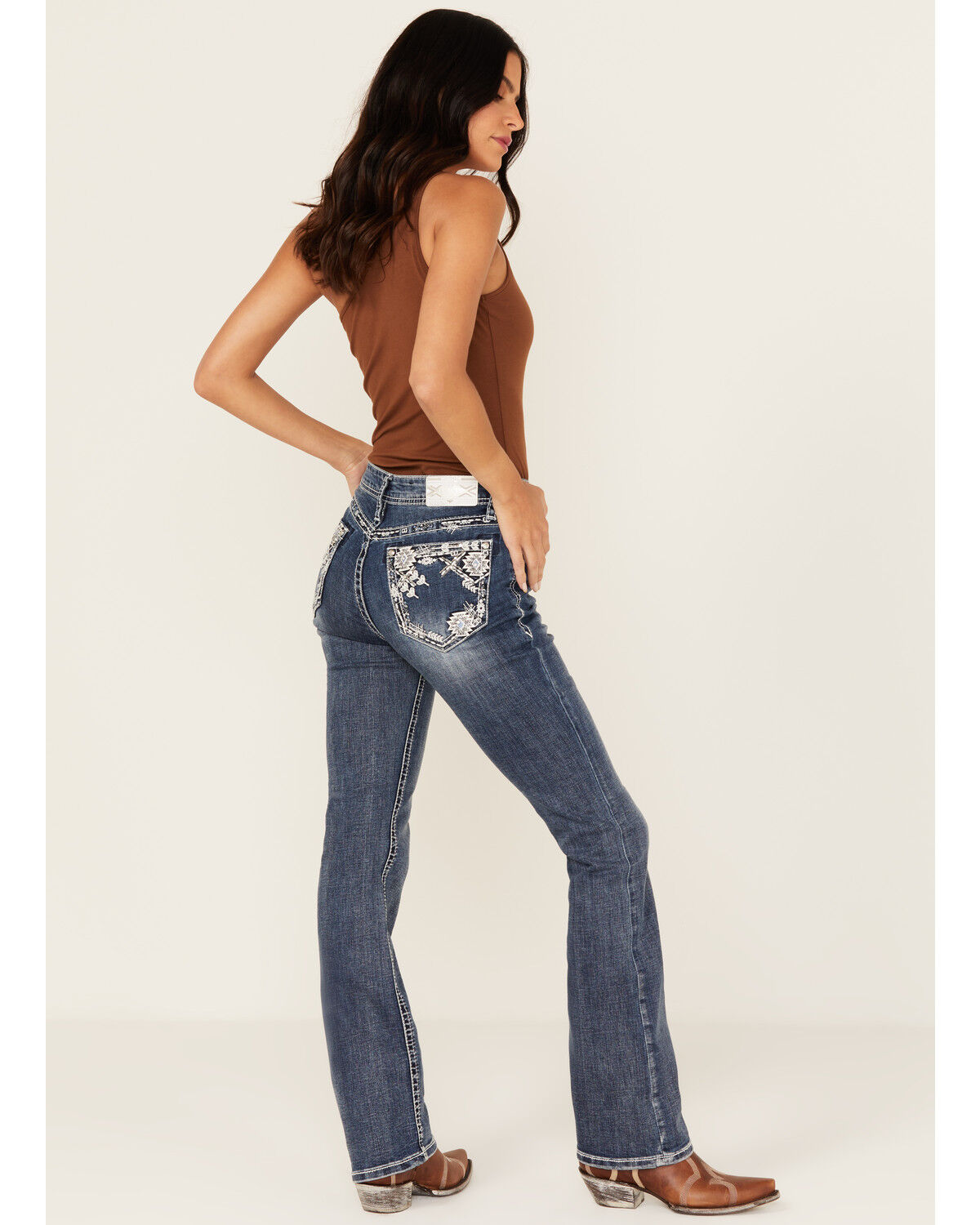 Grace In LA Women's Medium Wash Geo Print Embroidered Mid Rise Bootcut Stretch Denim Jeans