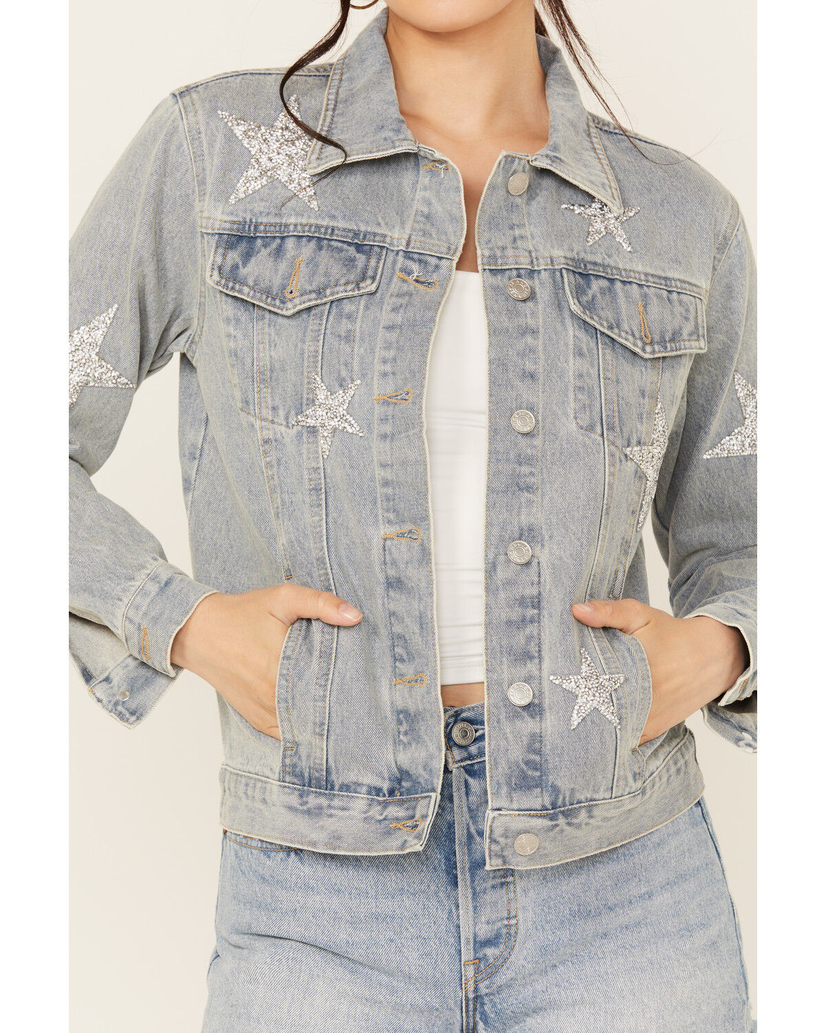 Blue B Women's Light Wash Embellished Star Button-Down Denim Jacket