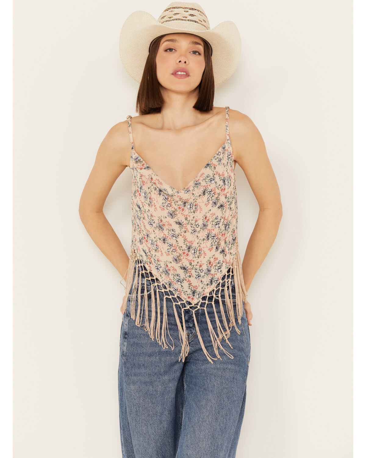 Rock & Roll Denim Women's Floral Fringe Sleeveless Tank