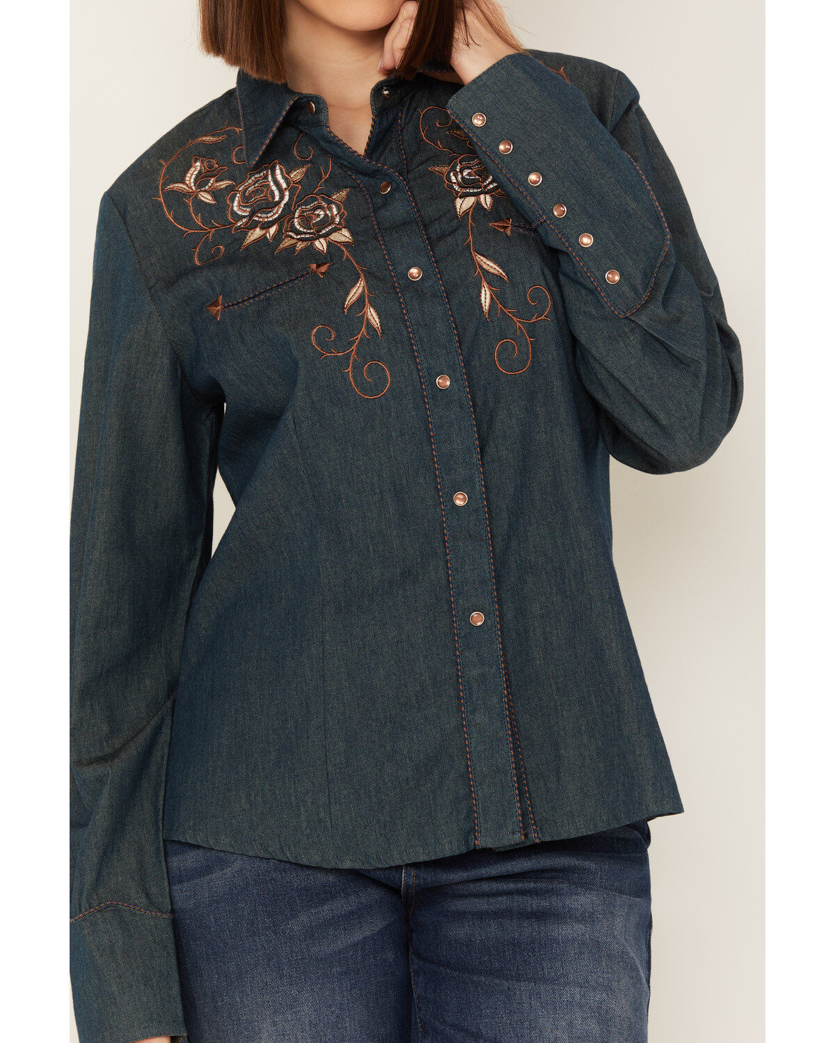 Scully Women's Rose Embroidered Denim Long Sleeve Pearl Snap Western Shirt
