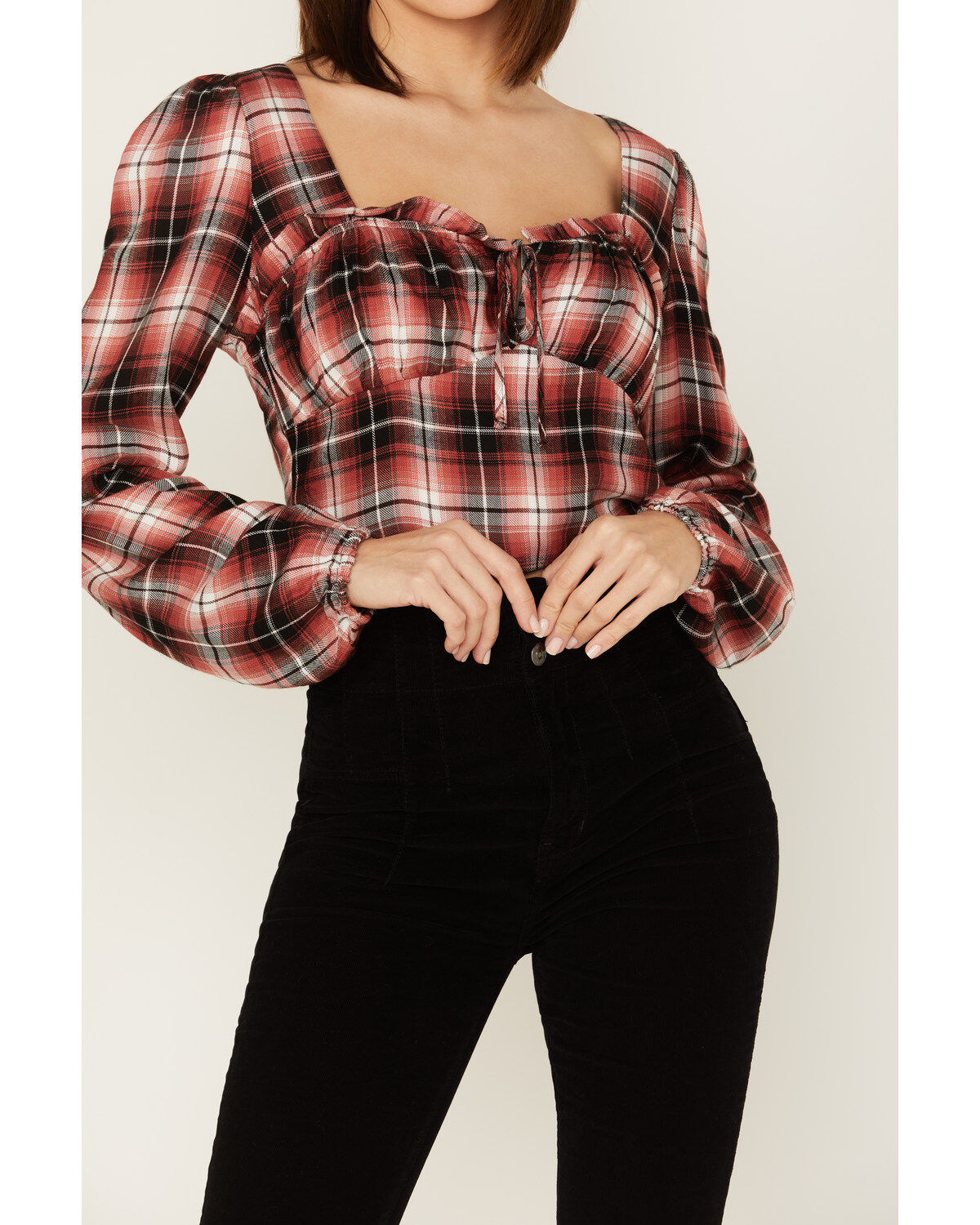 Wild Moss Women's Plaid Print Ruffle Tie Front Crop Top
