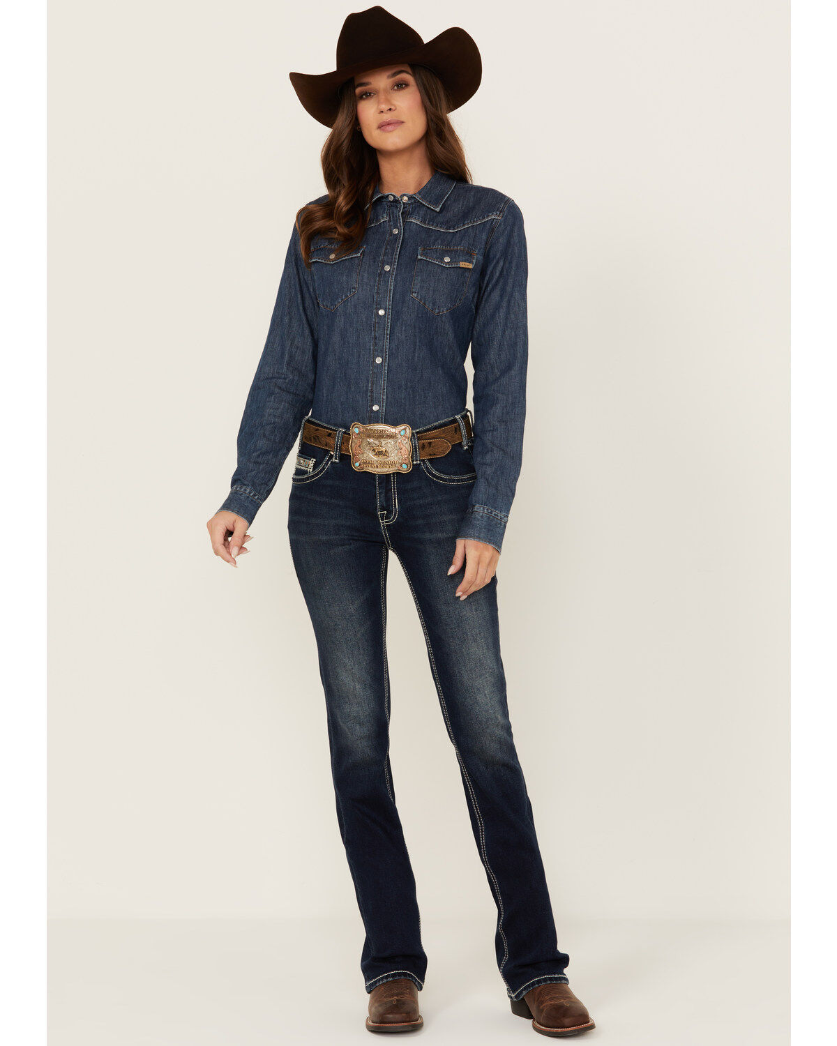 Rock & Roll Denim Women's Dark Wash Mid Rise Embroidered Bootcut Stretch Denim Jeans