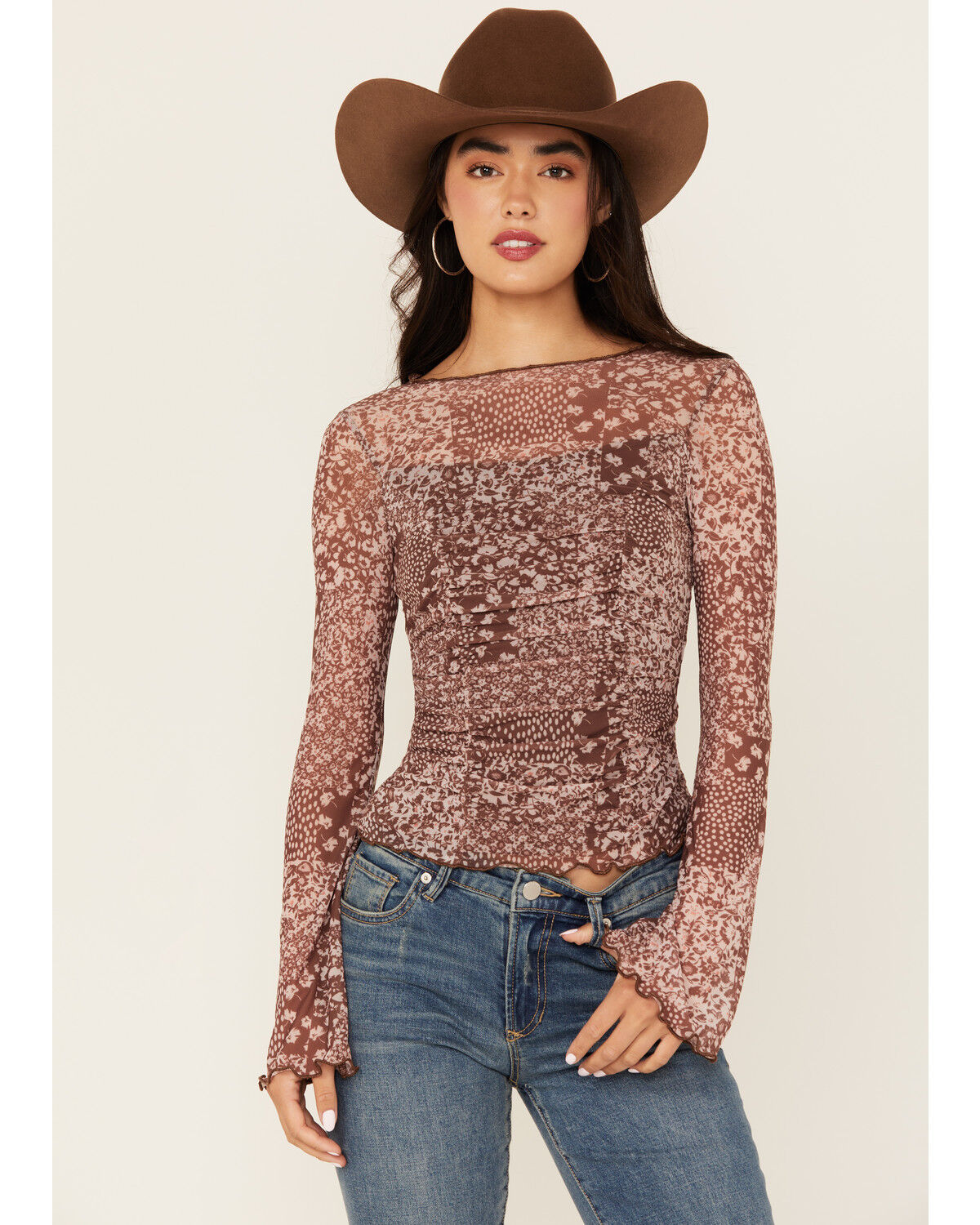 Trixxi Women's Floral Mesh Long Sleeve Seamed Top