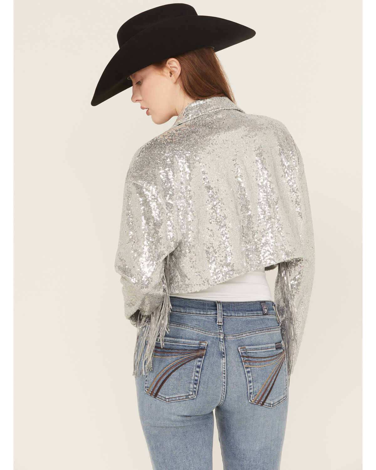 Saints & Hearts Women's Sequin Embellished Fringe Cropped jacket