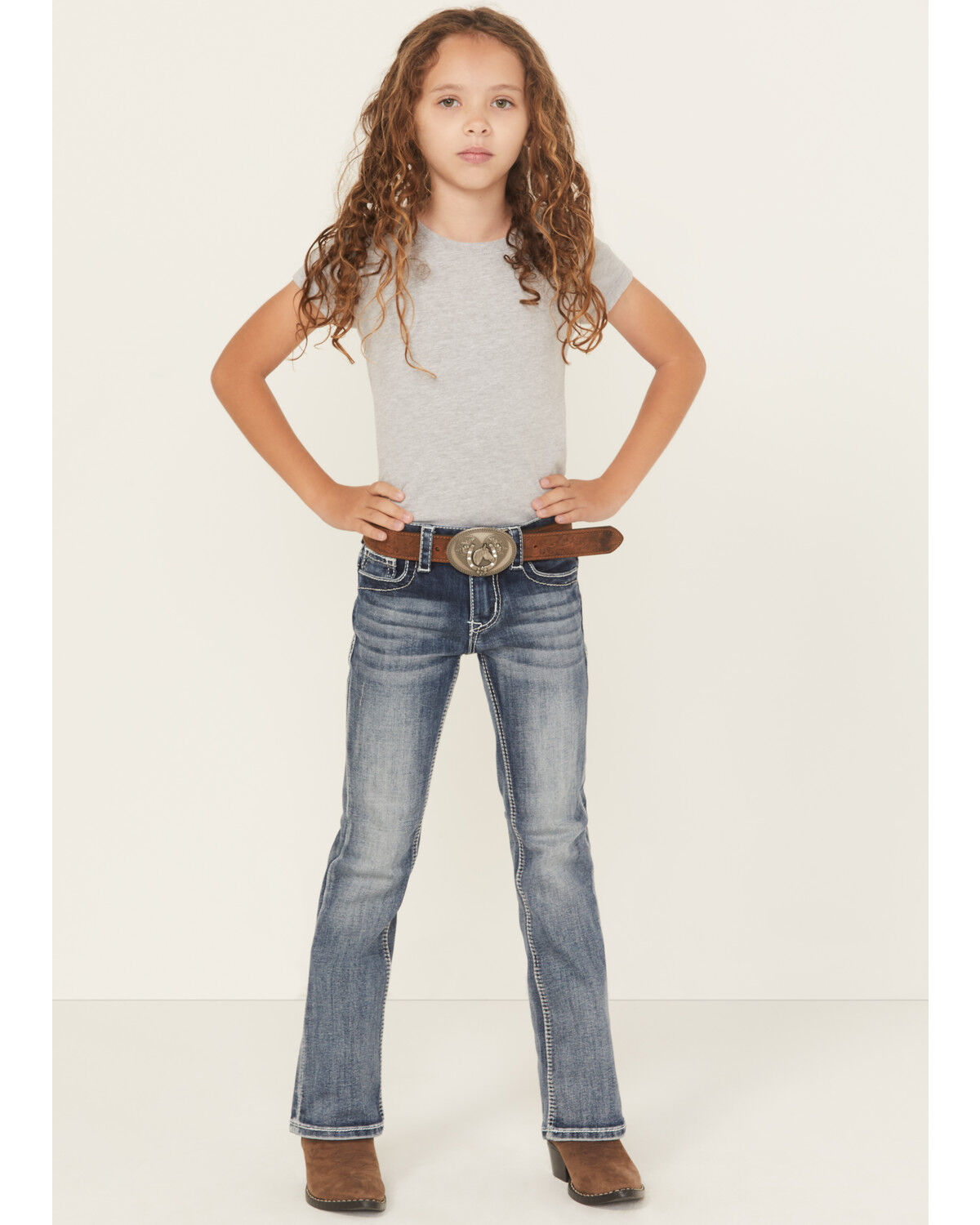 Grace in LA Girls' Medium Wash Floral Embroidered Bootcut Stretch Denim Jeans