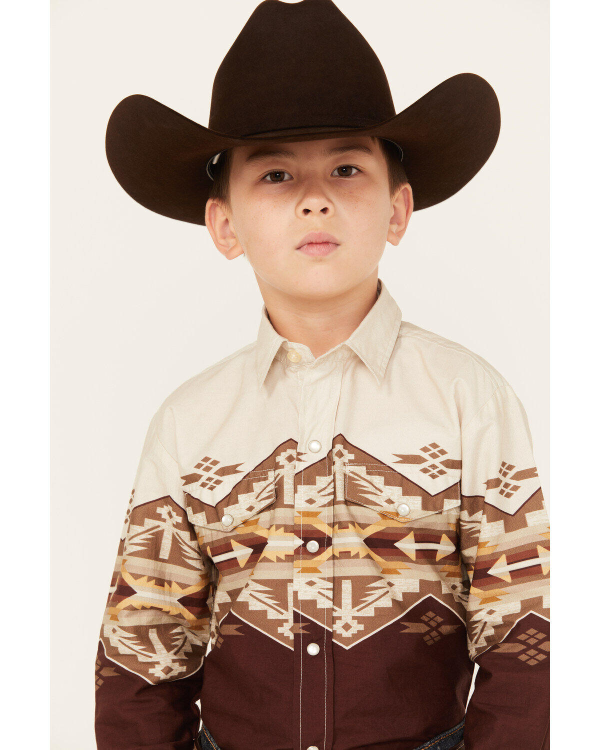Roper Boys' Southwestern Border Print Long Sleeve Pearl Snap Western Shirt