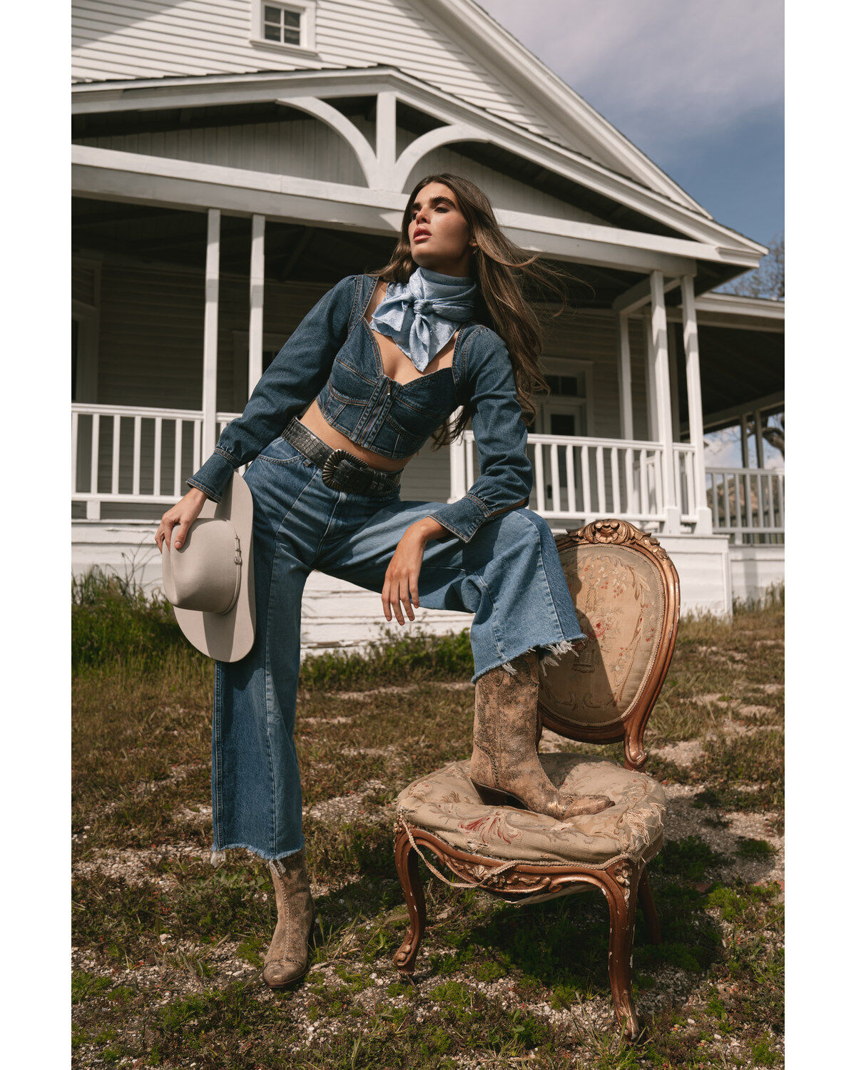 Shyanne Women's Medium Wash Denim Cropped Long Sleeve Corset Top