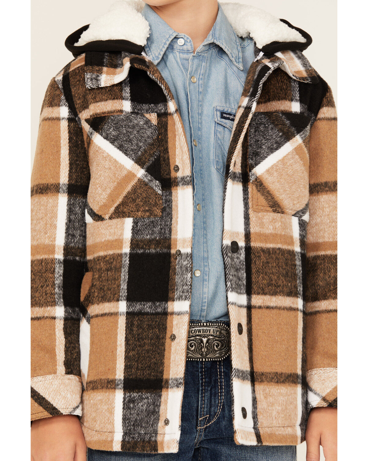 Urban Republic Boys' Plaid Print Sherpa Lined Snap Hooded Shacket