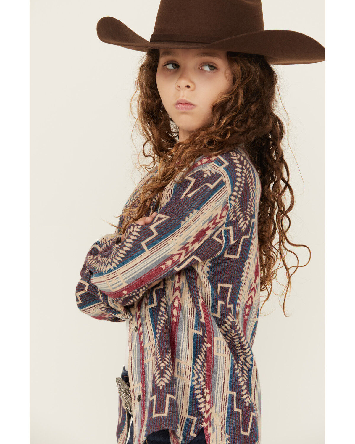 Shyanne Girls' Southwestern Striped Print Long Sleeve Snap Shacket