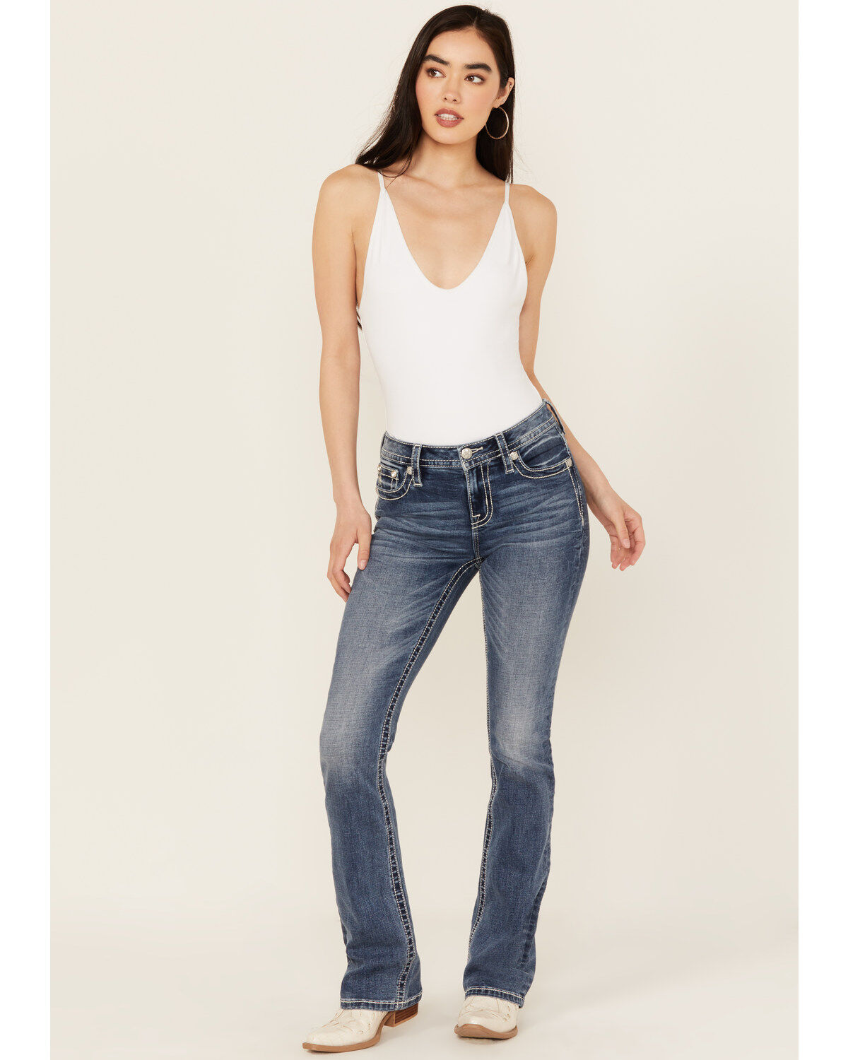 Miss Me Women's Dark Wash Mid Rise Dreamcatcher Pocket Bootcut Stretch Denim Jeans