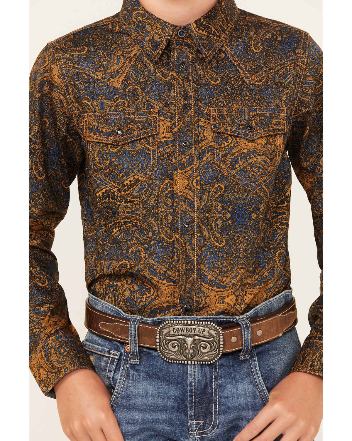 Cody James Boys' Winding Roads Printed Long Sleeve Pearl Snap Western Shirt