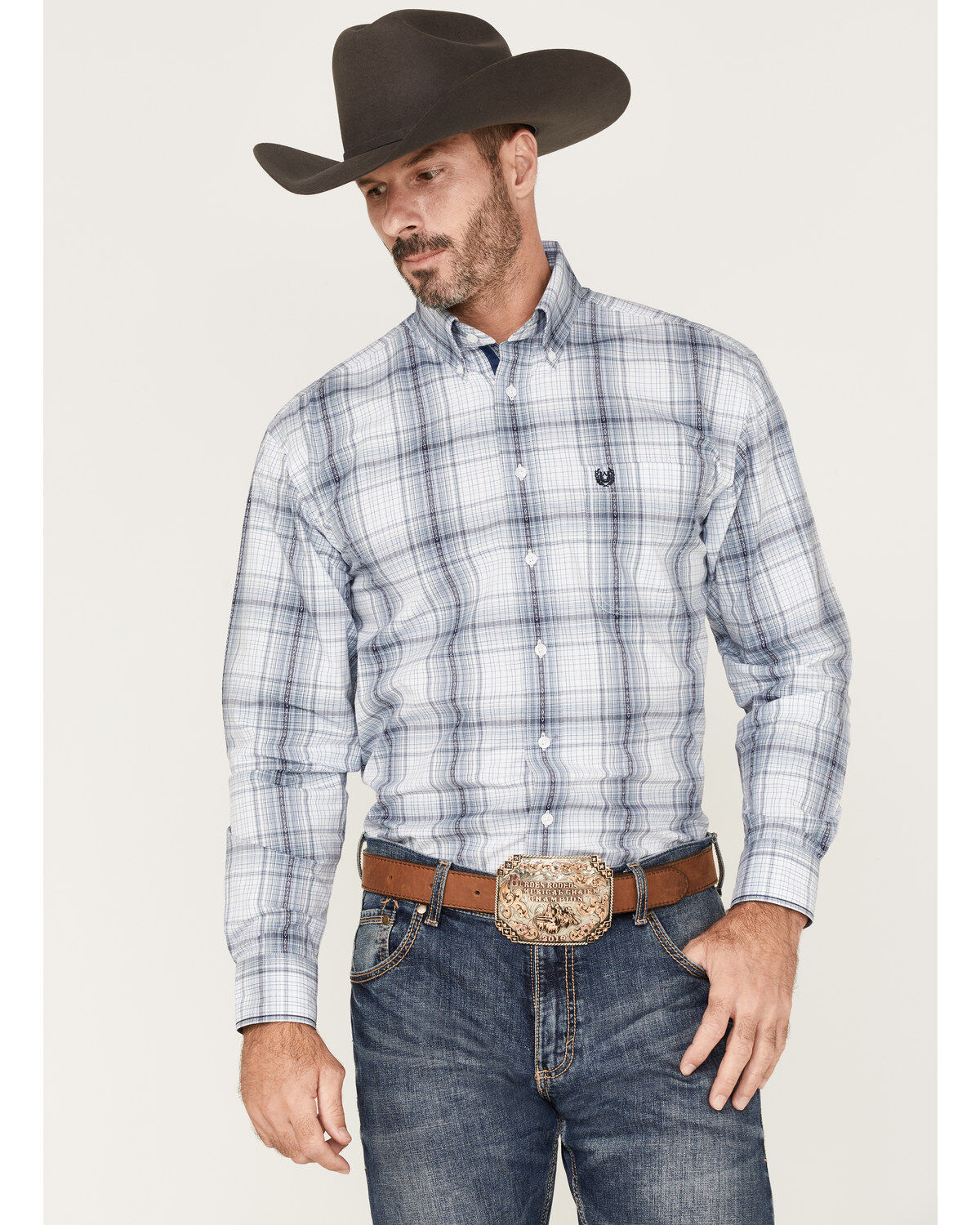 Rough Stock by Panhandle Men's Dobby Plaid Print Long Sleeve Button Down Shirt