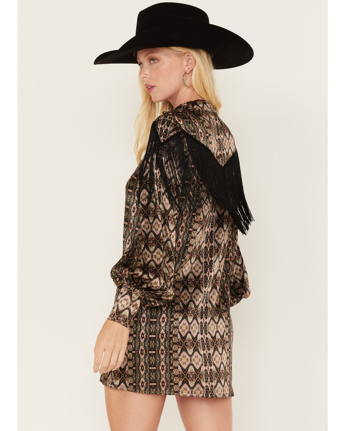 Shyanne Women's Long Sleeve Satin Fringe Mode Mini Dress