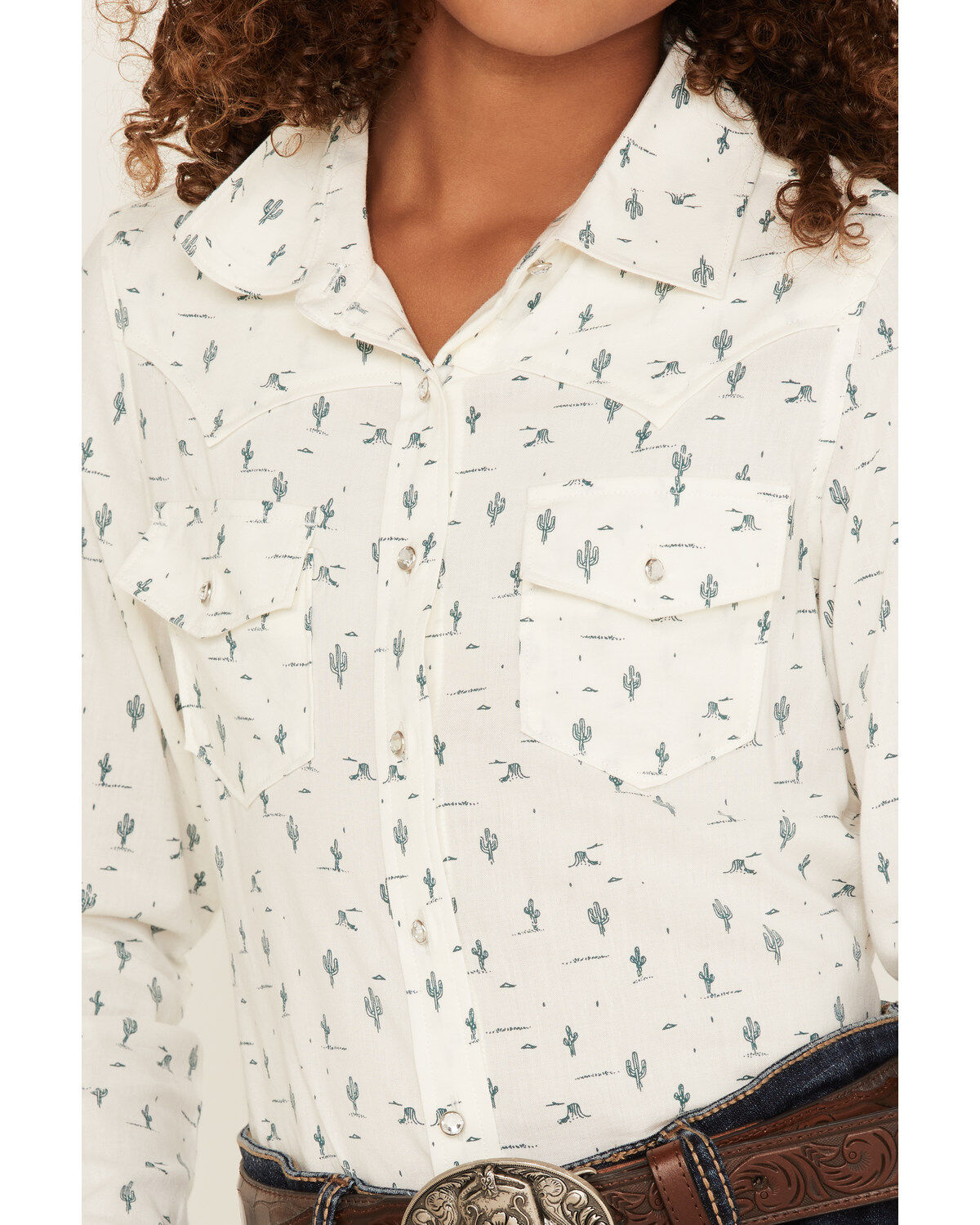 Shyanne Girls' Cactus Print Long Sleeve Western Button-Down Shirt