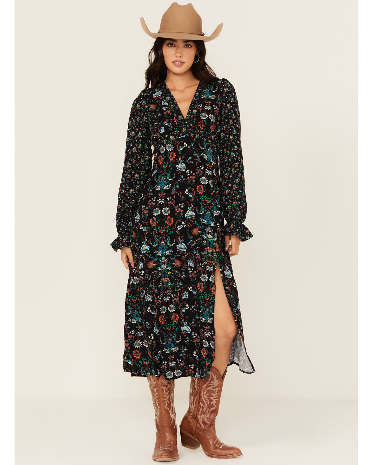 Rock & Roll Denim Women's Printed Long Sleeve Midi Dress