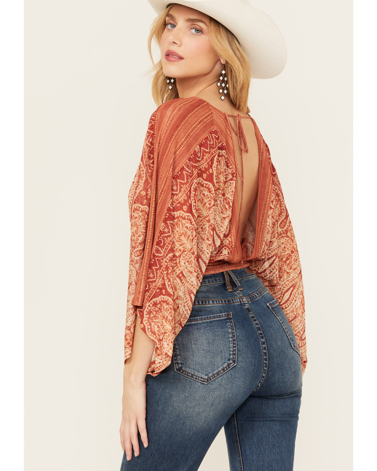 Beyond The Radar Women's Mesh Printed Long Sleeve Crop Top