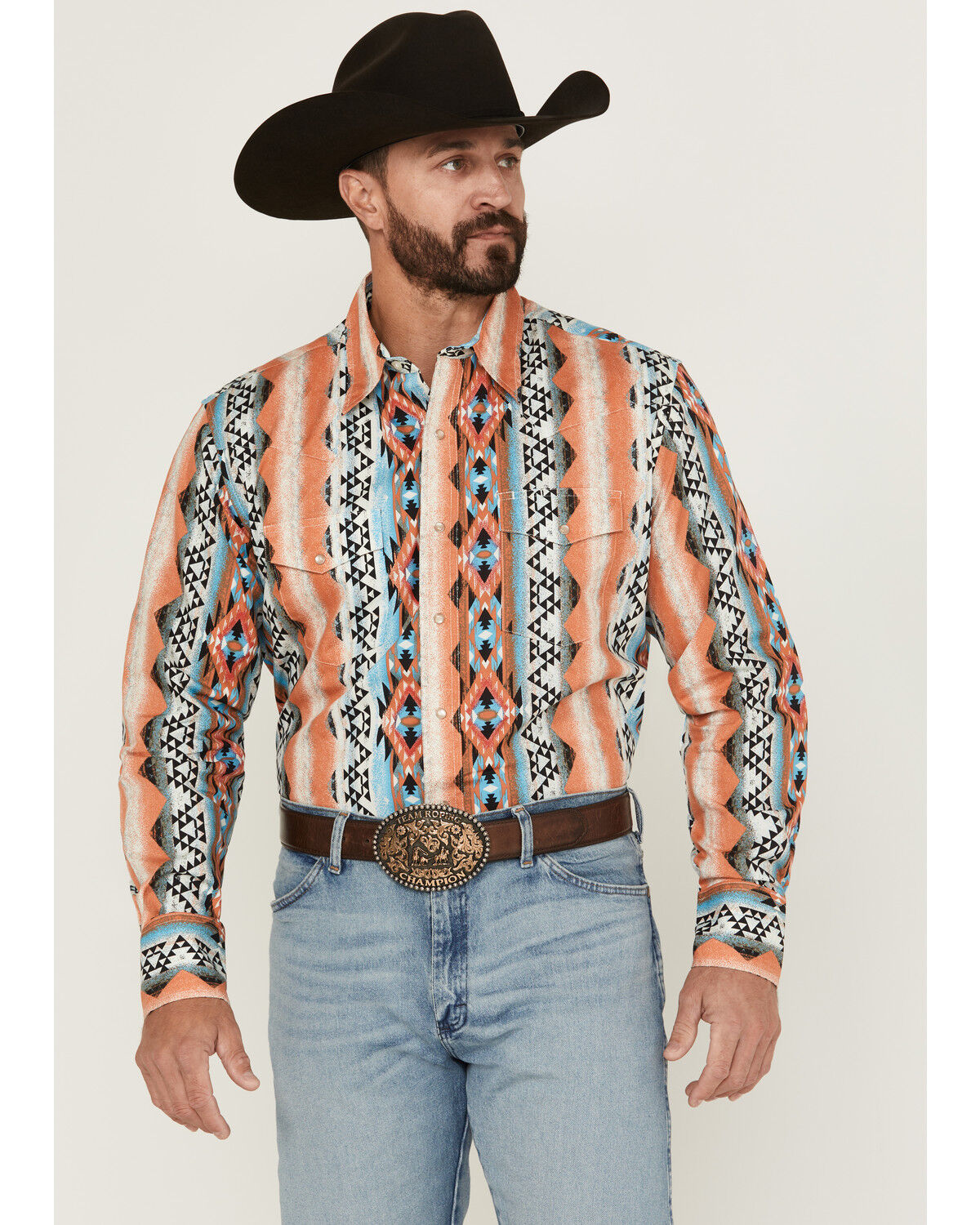 Wrangler Men's Checotah Southwestern Striped Long Sleeve Pearl Snap Western Shirt