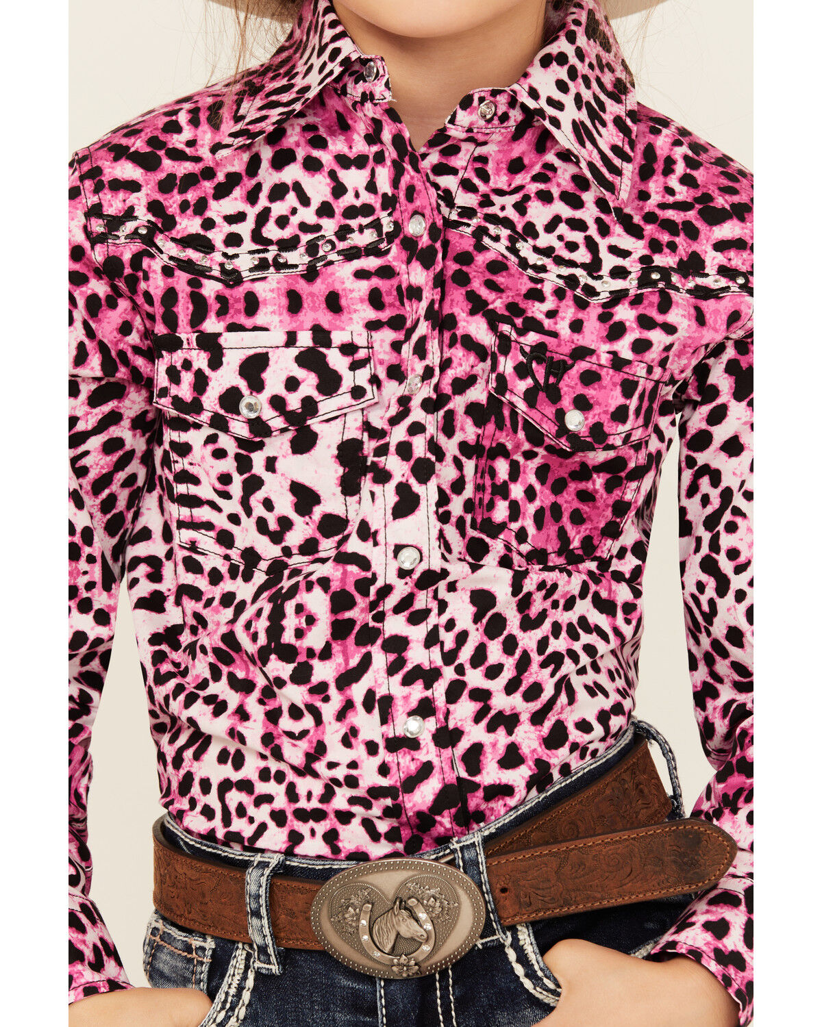 Cowgirl Hardware Girls' Leopard Print Long Sleeve Snap Western Shirt