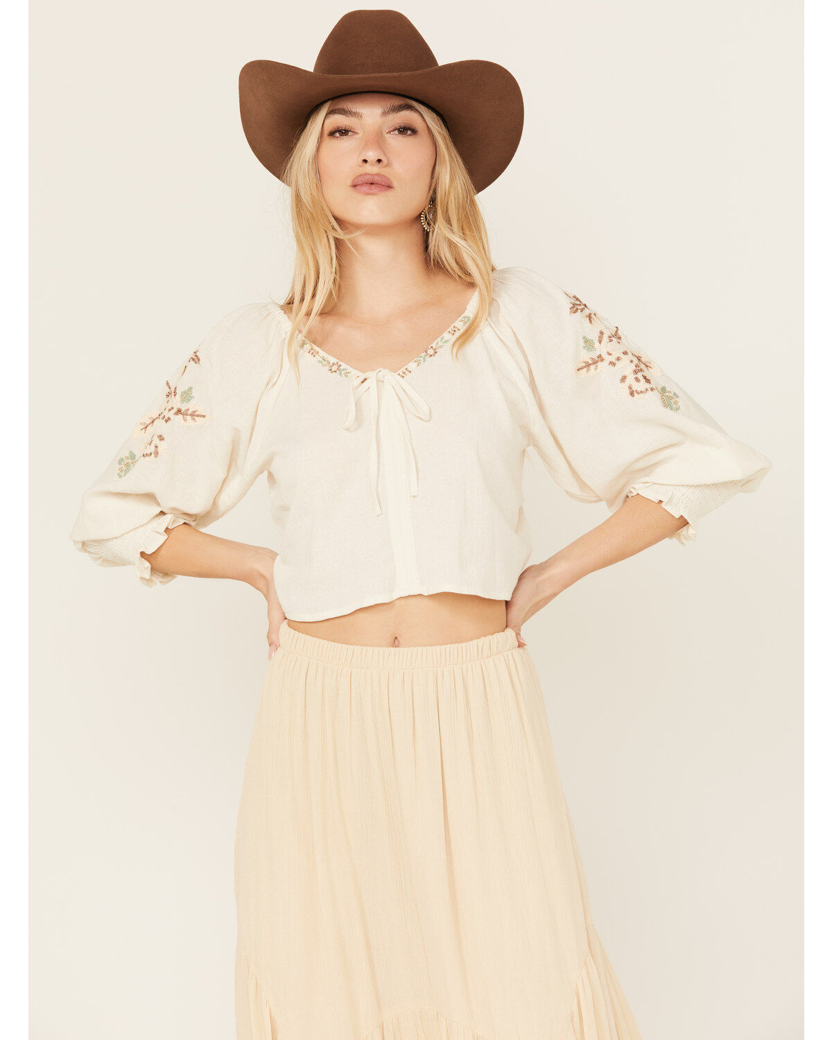 Shyanne Women's Embellished Tie Front Peasant Top