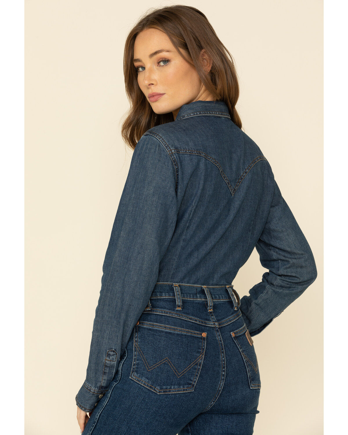 Wrangler Women's Dark Wash Long Sleeve Pearl Snap Denim Western Shirt