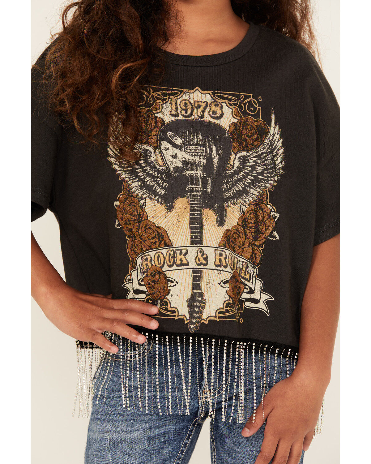 La La Land Girls' Guitar Short Sleeve Fringe Graphic Tee