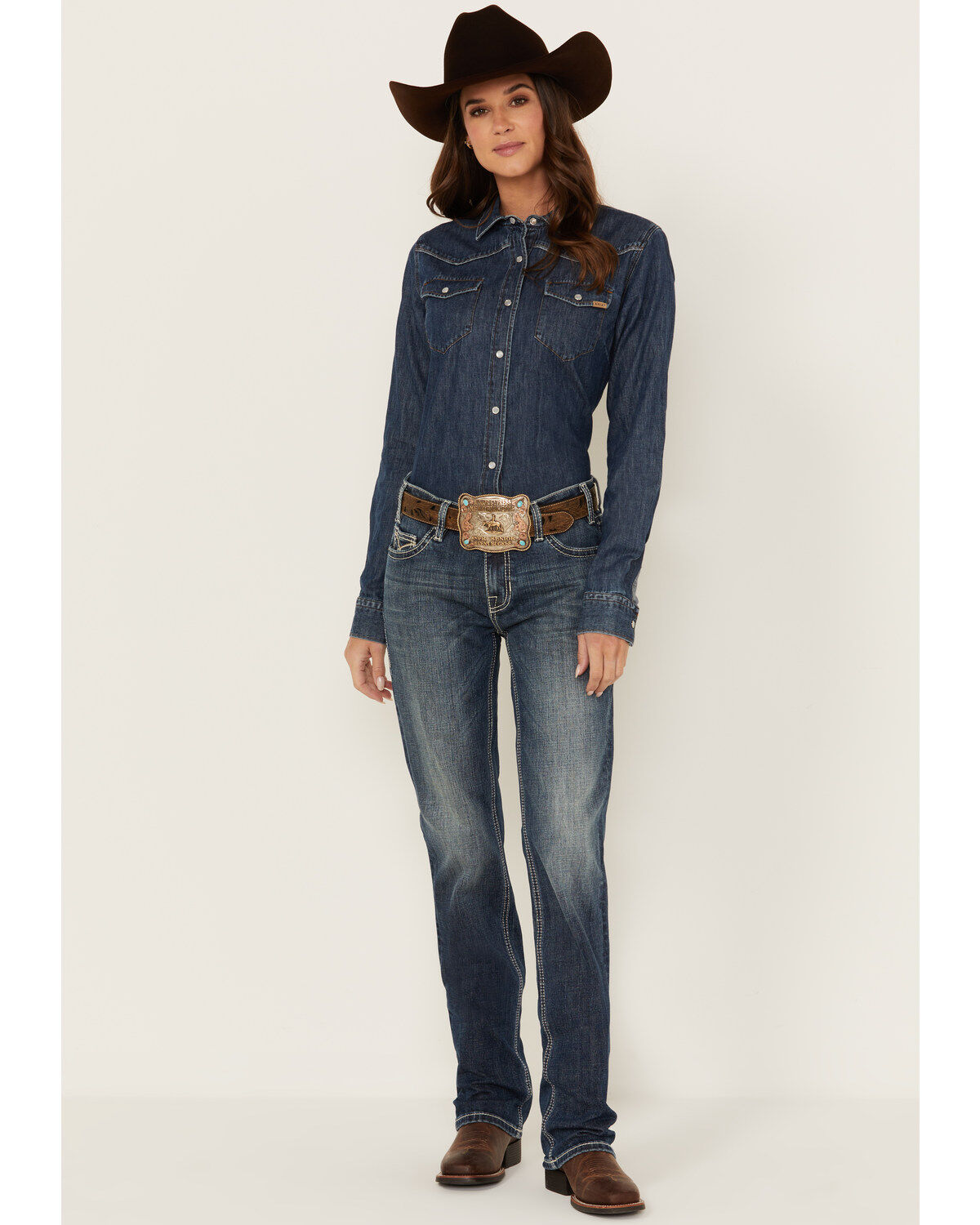 Rock & Roll Denim Women's Medium Wash Mid Rise Embroidered Pocket Bootcut Stretch Denim Jeans