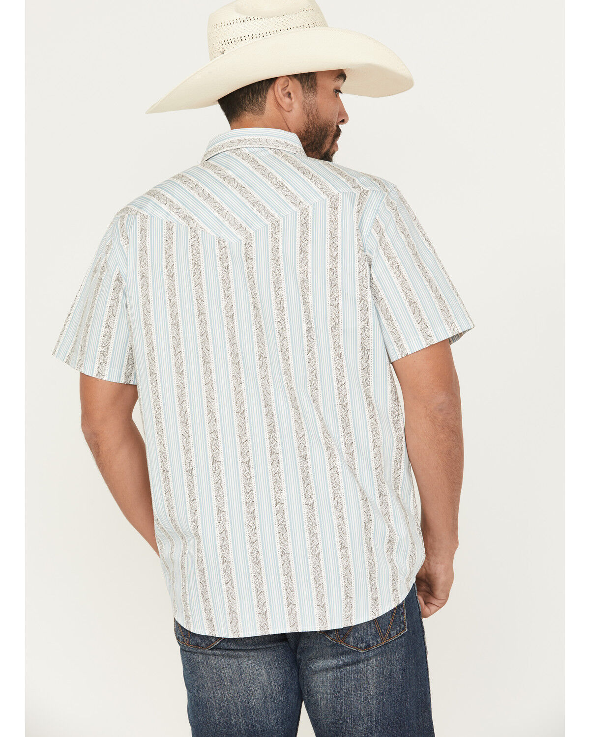 Moonshine Spirit Men's Hula Girl Floral Striped Print Short Sleeve Snap Western Shirt