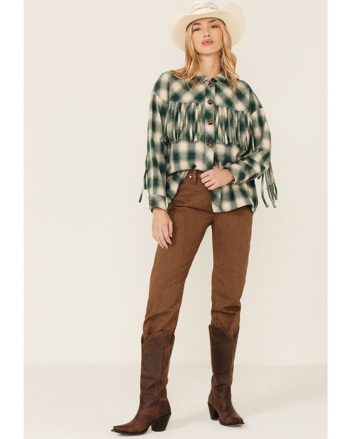 Entro Women's Green Plaid Fringe Yoke Shacket