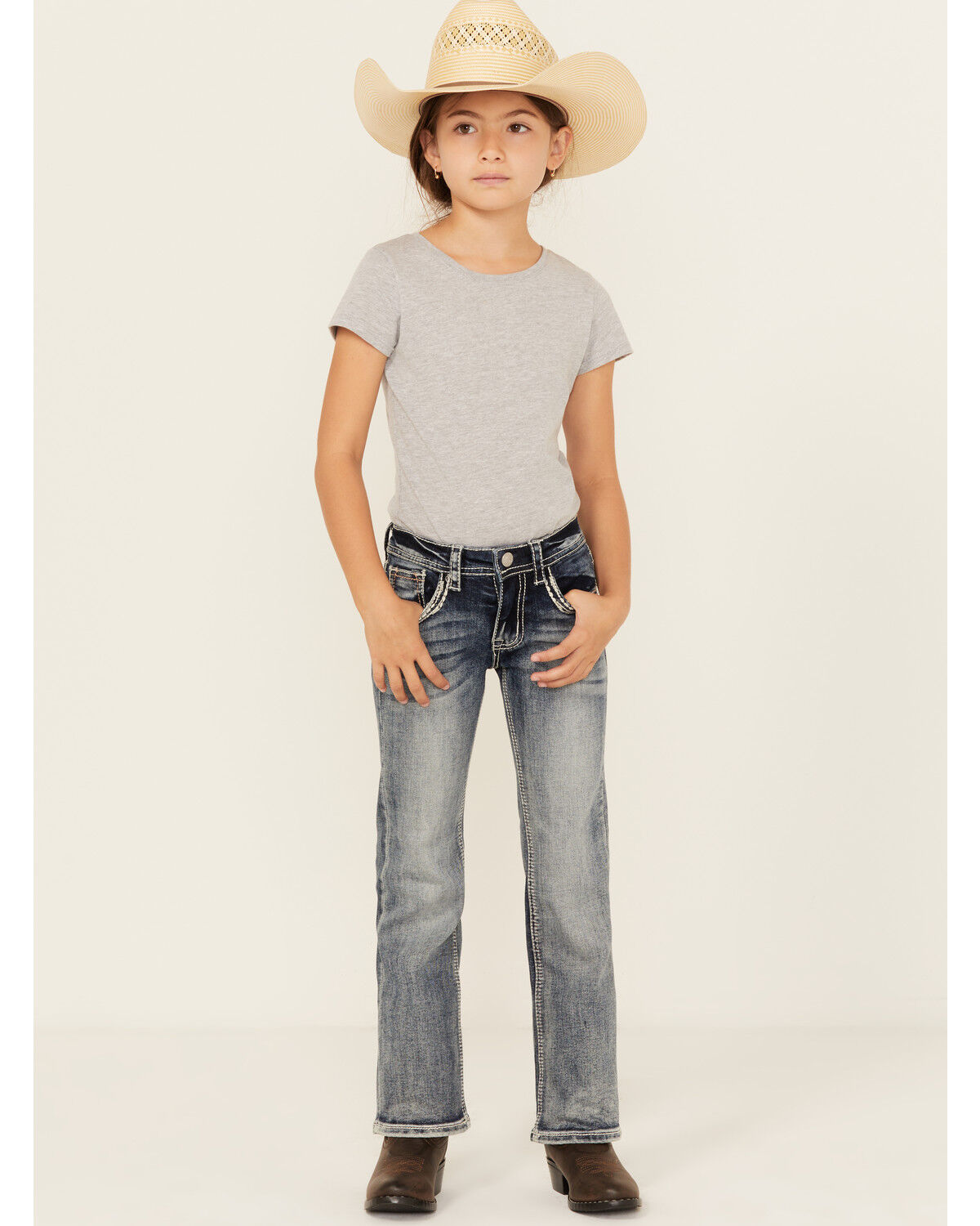 Grace in LA Little Girls' Light Wash Horseshoe Floral Bootcut Denim Jeans