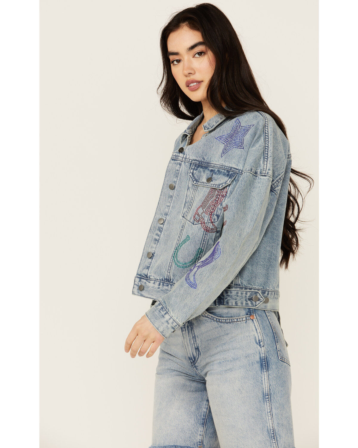 Rock & Roll Denim Women's Light Wash Rhinestone Embellished Denim Jacket