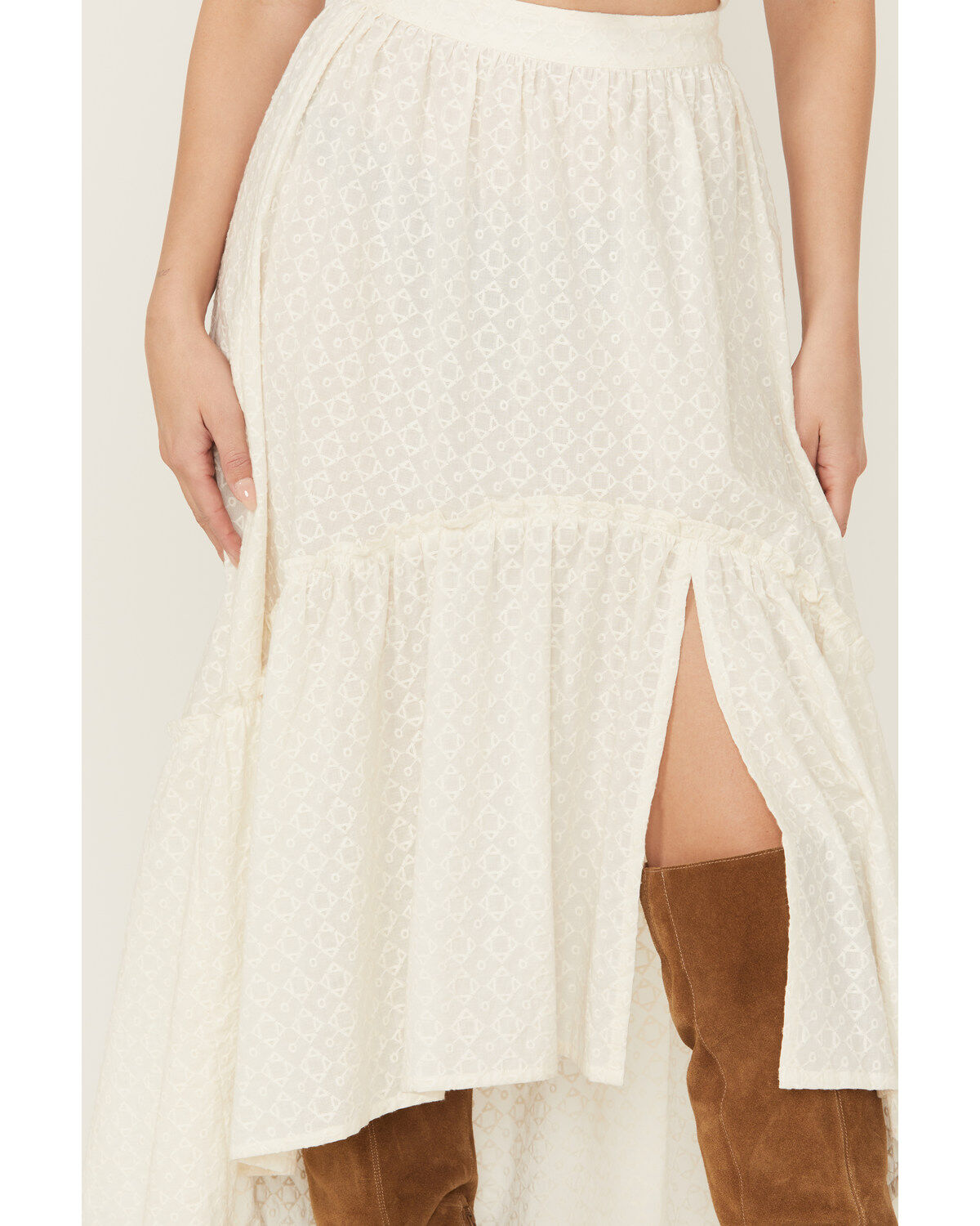 Shyanne Women's White Eyelet Hi Low Midi Skirt