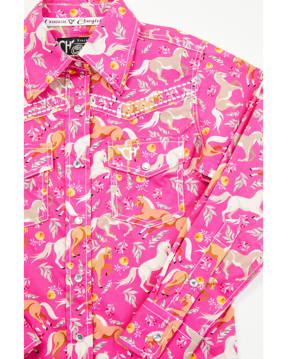 Cowgirl Hardware Toddler Girls' Horse and Flower Print Long Sleeve Snap Stretch Western Shirt