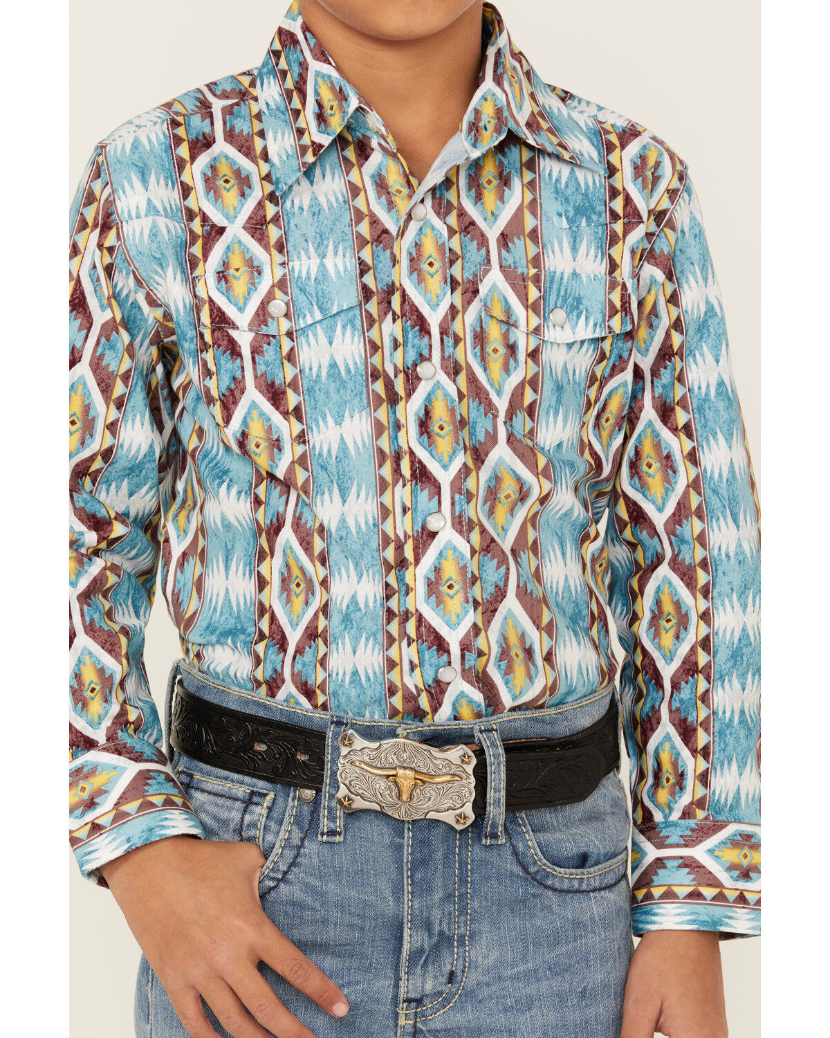 Wrangler Boys' Checotah Southwestern Striped Long Sleeve Pearl Snap Western Shirt