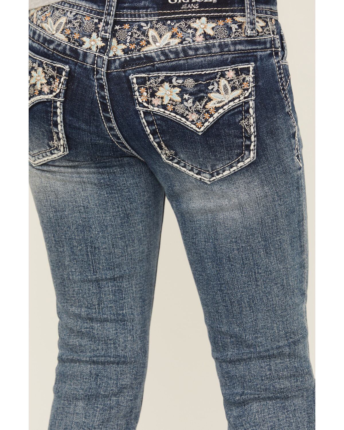 Grace In LA Girls' Medium Wash Floral Embroidered Faux Flap Pocket Bootcut Stretch Denim Jeans