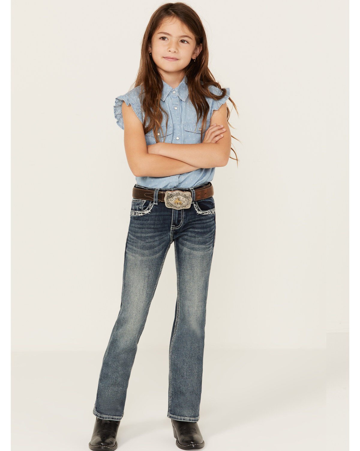 Grace in LA Little Girls' Medium Wash Steer Head Pocket Stretch Bootcut Jeans