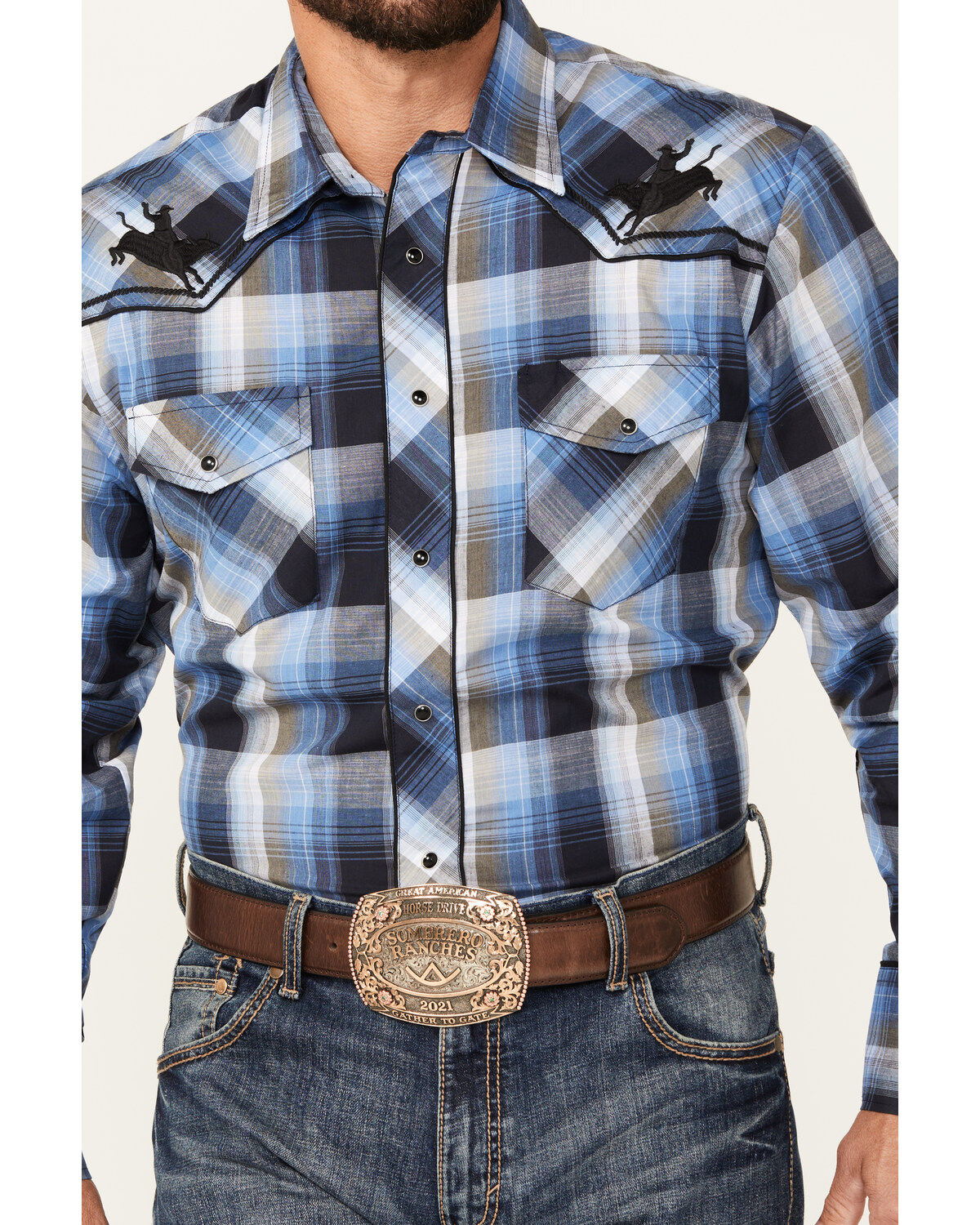Roper Men's Plaid Print Embroidered Long Sleeve Snap Western Shirt