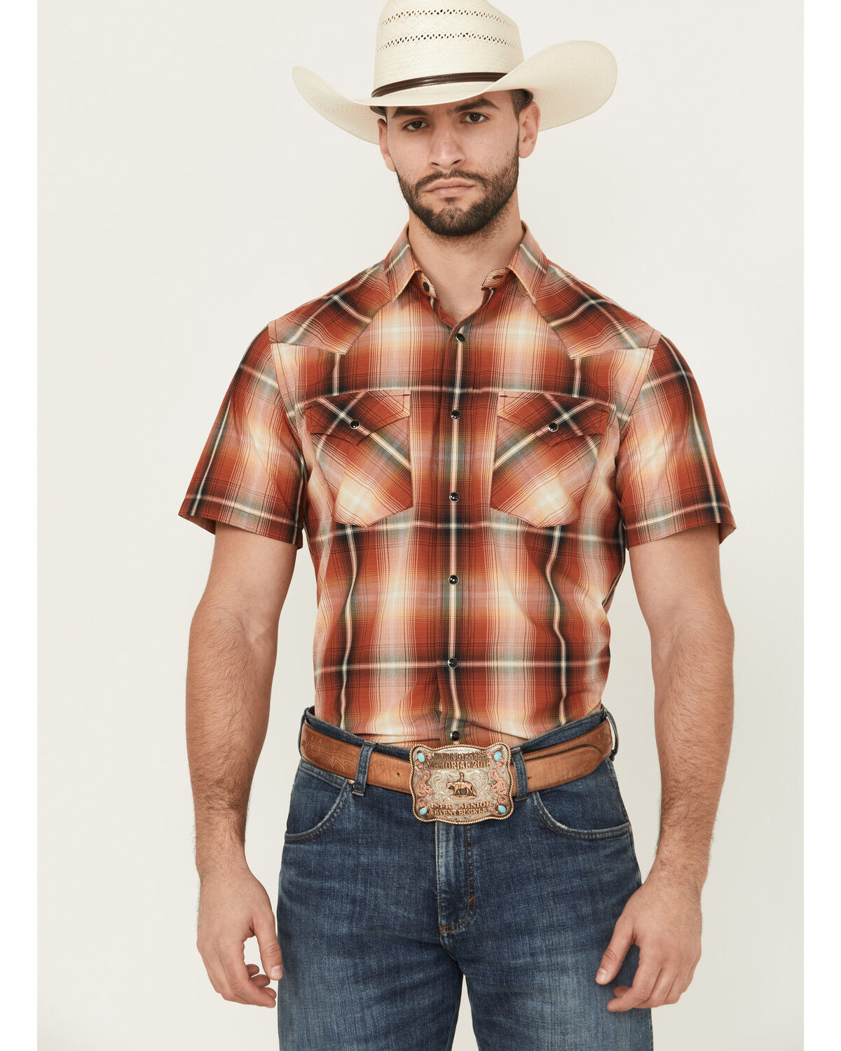 Pendleton Men's Frontier Plaid Print Short Sleeve Snap Stretch Western Shirt