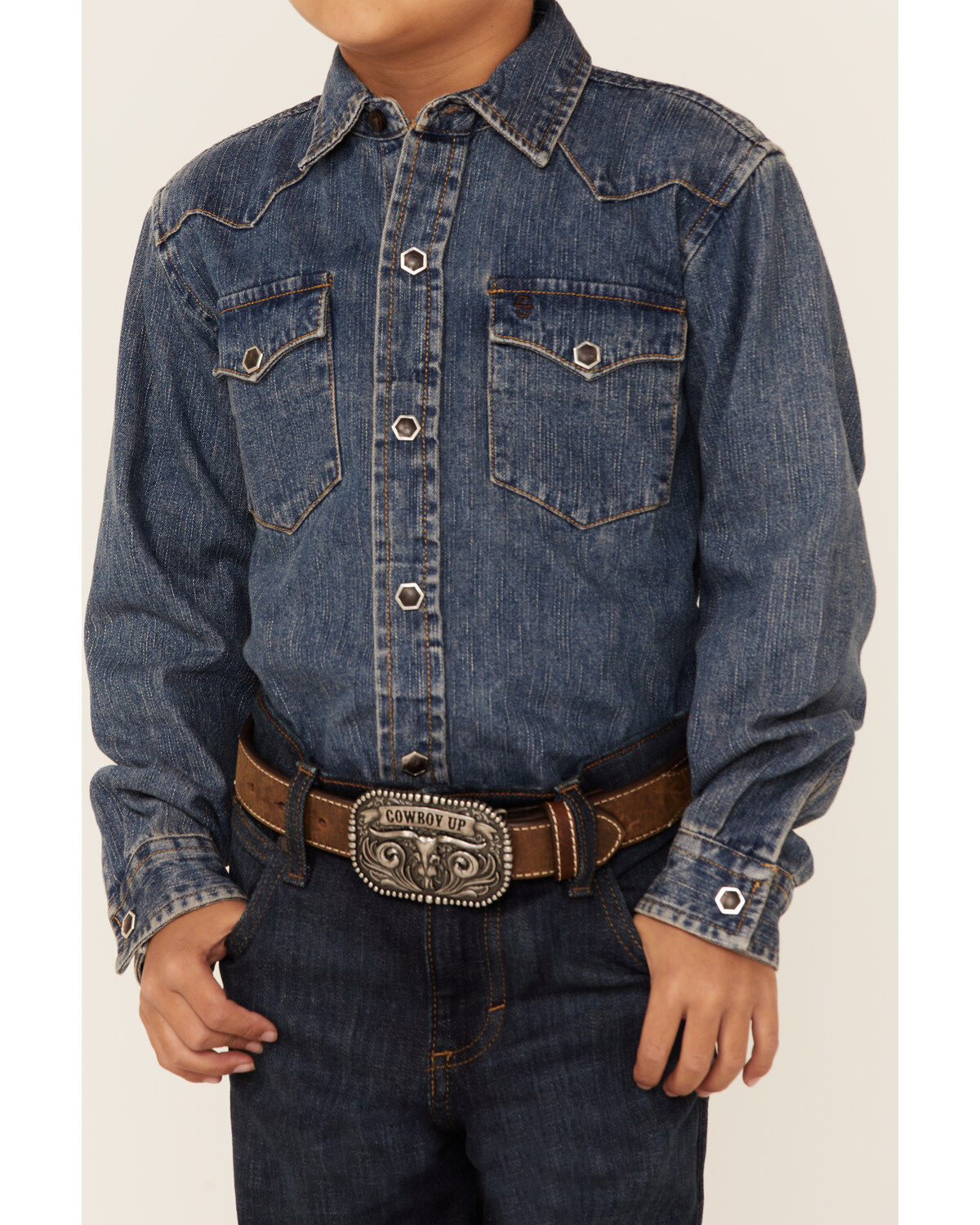 Stetson Boys' Medium Wash Denim Long Sleeve Snap Western Shirt