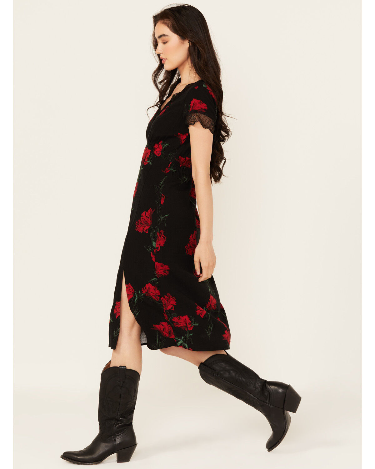 Idyllwind Women's Rosely Floral Print Lace Trim Midi Dress