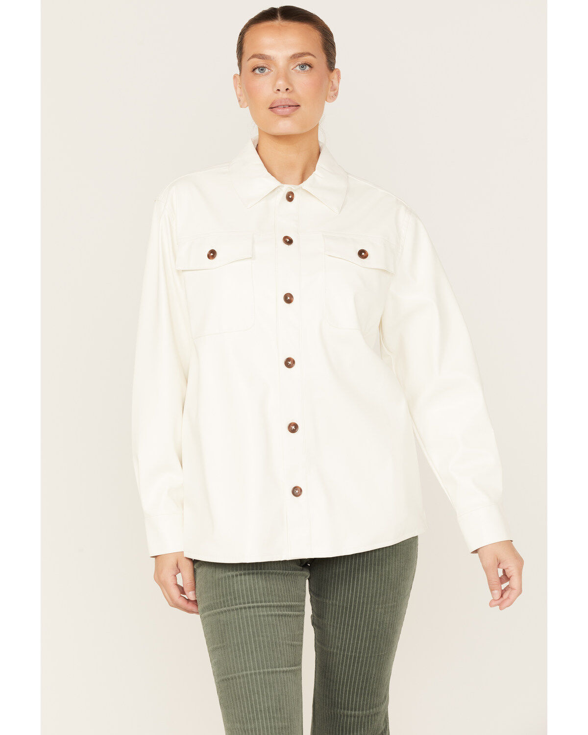 Cleo + Wolf Women's Oversized Solid Faux Leather Shacket