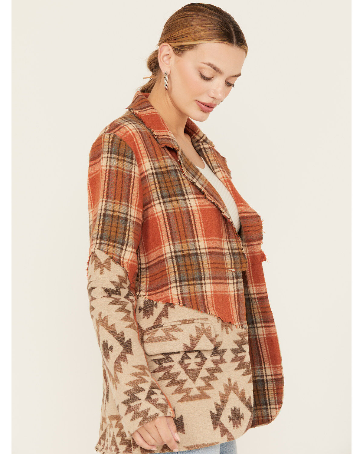 Miss Me Women's Plaid Southwestern Print Blazer