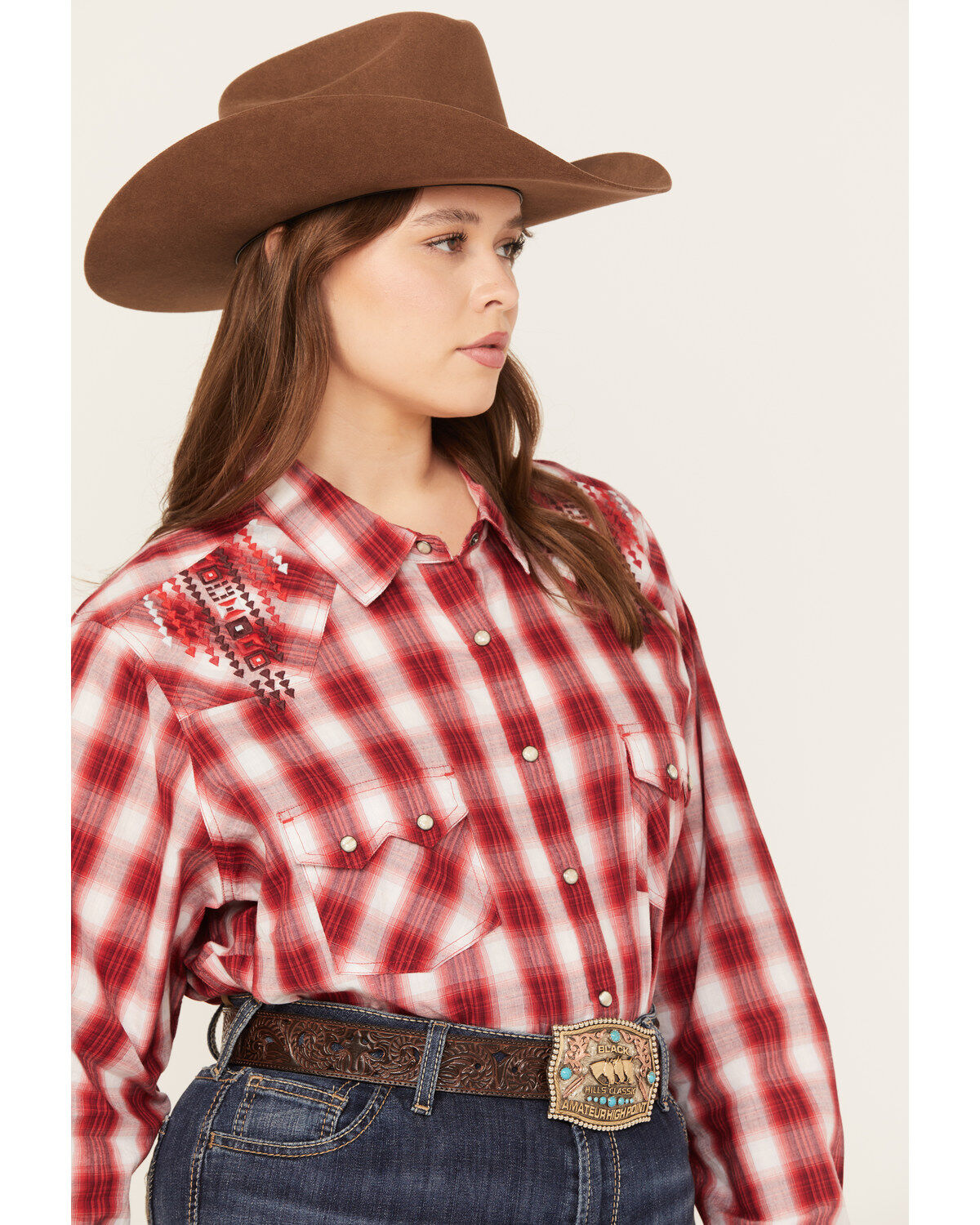 Ariat Women's R.E.A.L. Embroidered Plaid Print Long Sleeve Western Pearl Snap Shirt - Plus