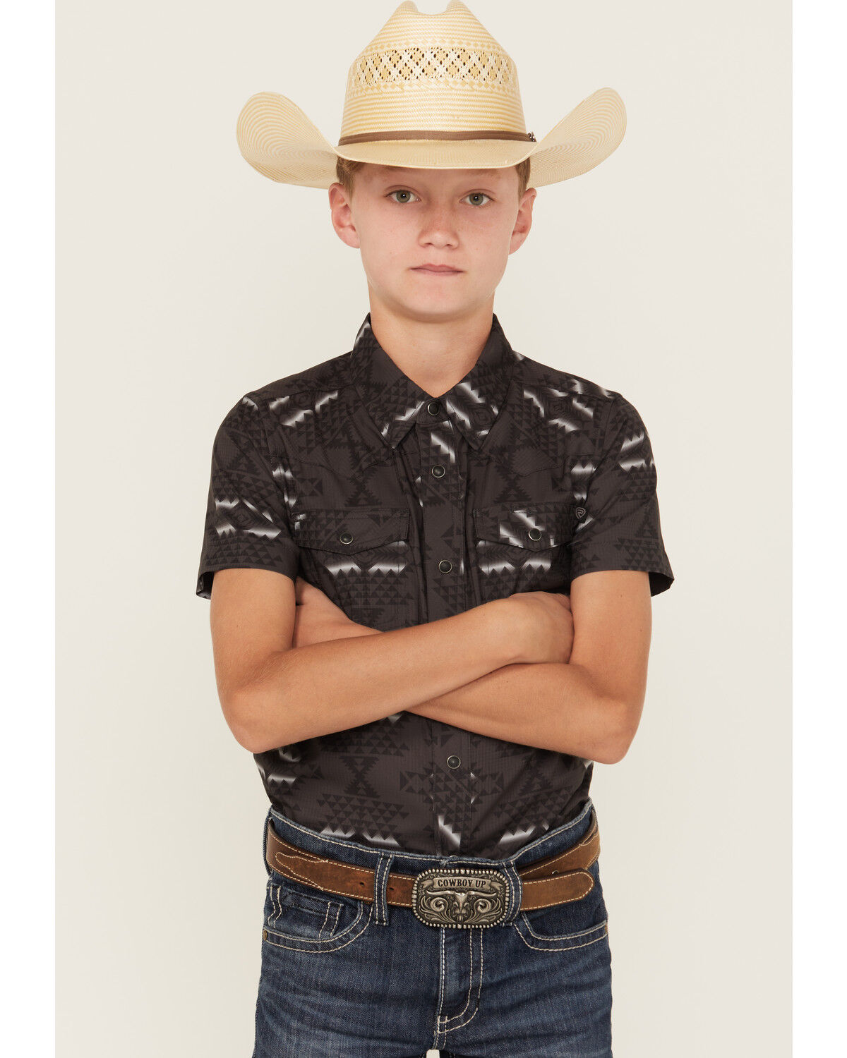 Rock & Roll Denim Boys' Tek Southwestern Print Short Sleeve Snap Western Shirt