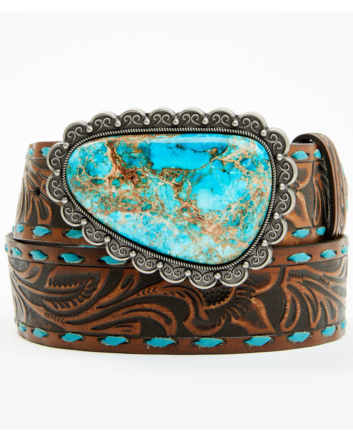 Shyanne Women's Sedona Turquoise Stone Buckle Whipstitch Leather Belt