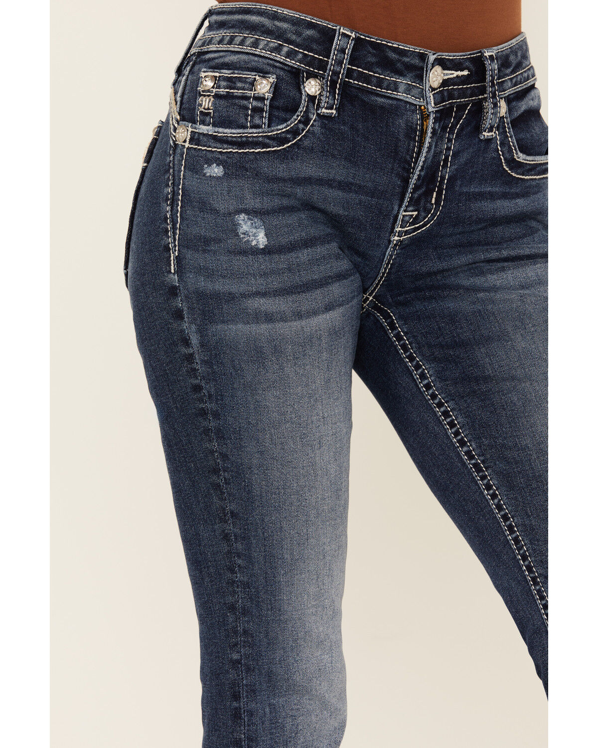 Miss Me Women's Medium Wash Mid Rise Cowhide Pocket Bootcut Stretch Denim Jeans