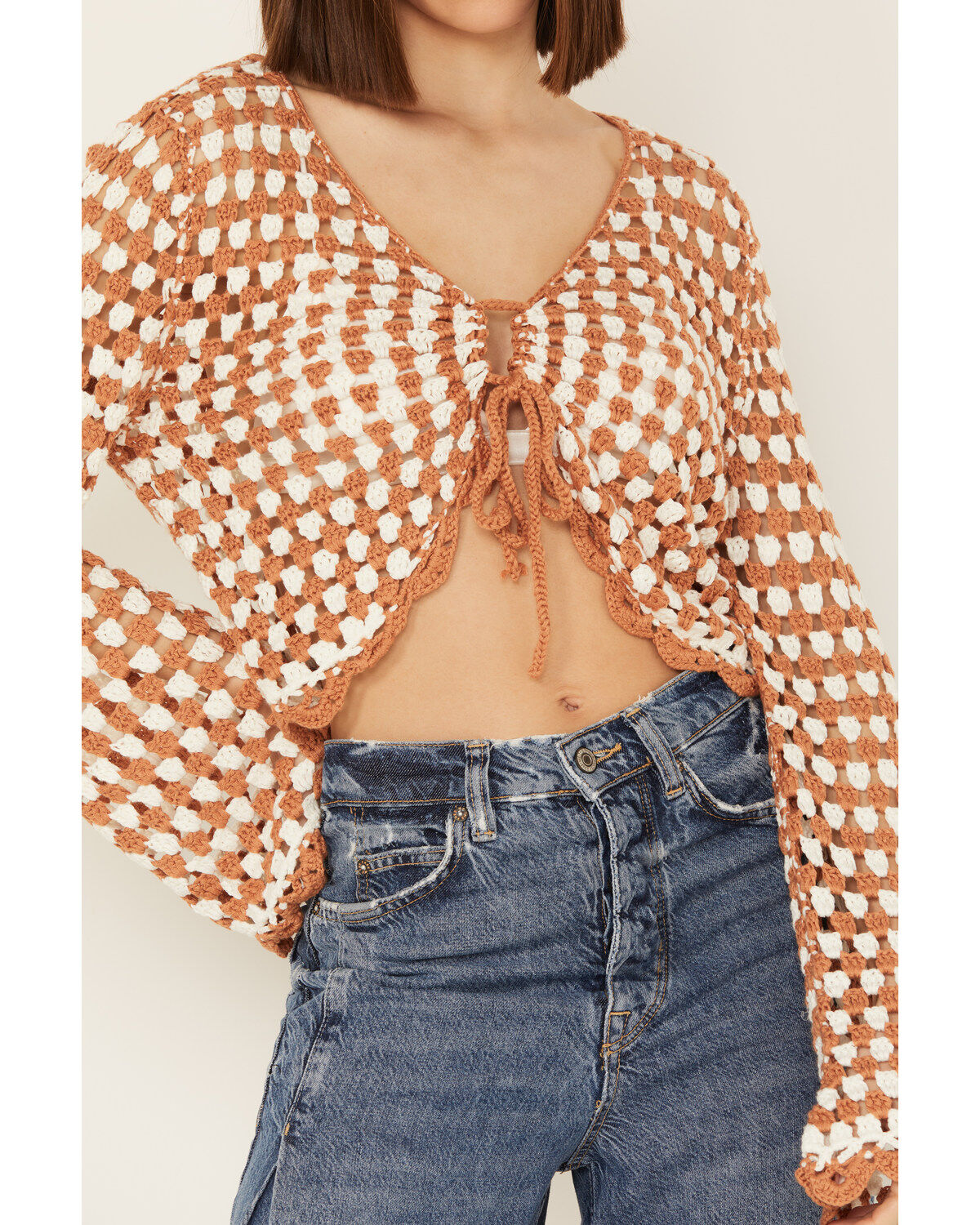 Rock & Roll Denim Women's Crochet Tie Front Long Sleeve Top